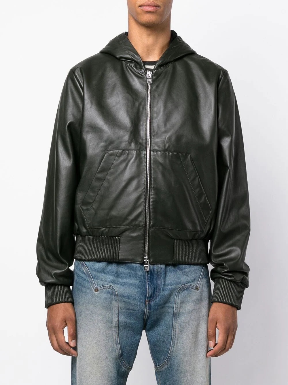 embossed-logo hooded leather jacket - 3