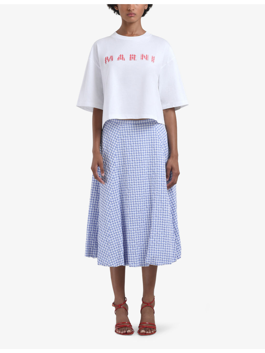 Seersucker checked-pattern woven midi skirt - 3