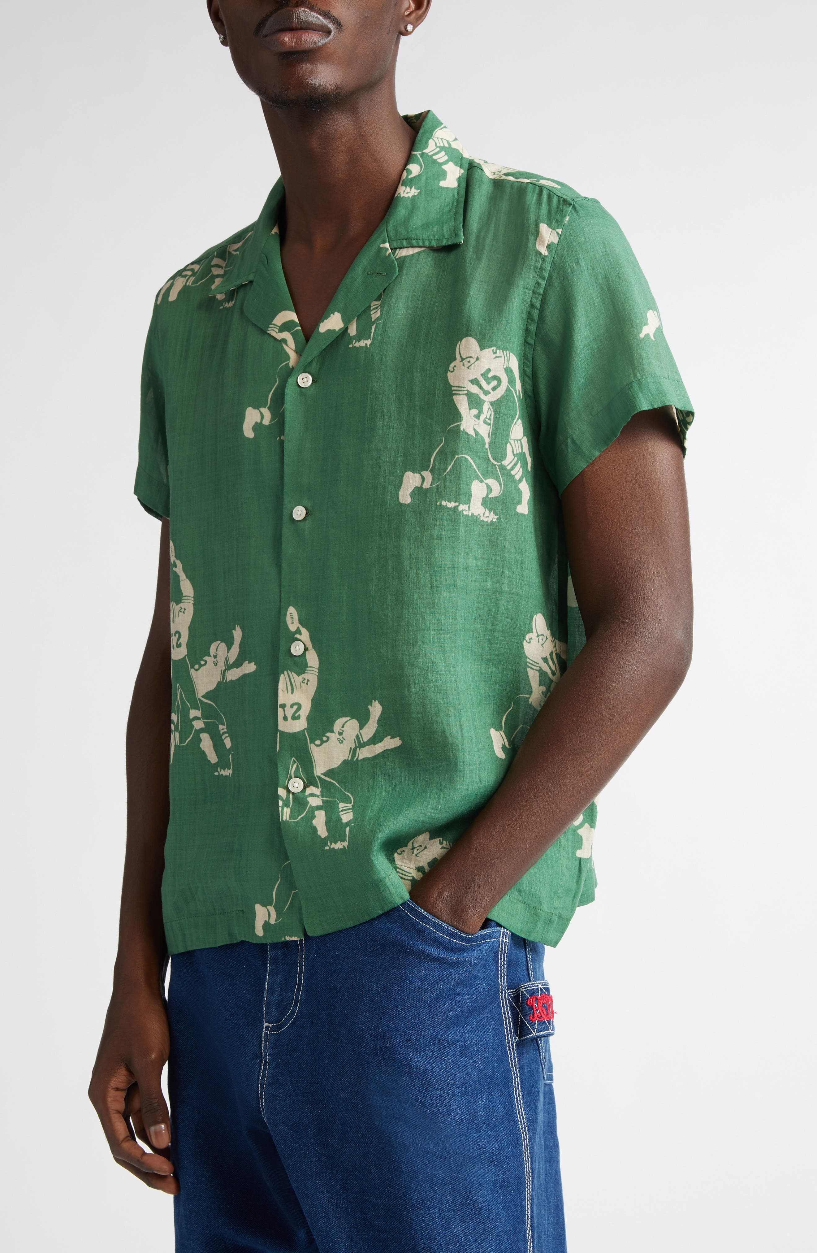 Bode Football Jacquard Linen Button-Up Shirt in Green Cream at Nordstrom - 4