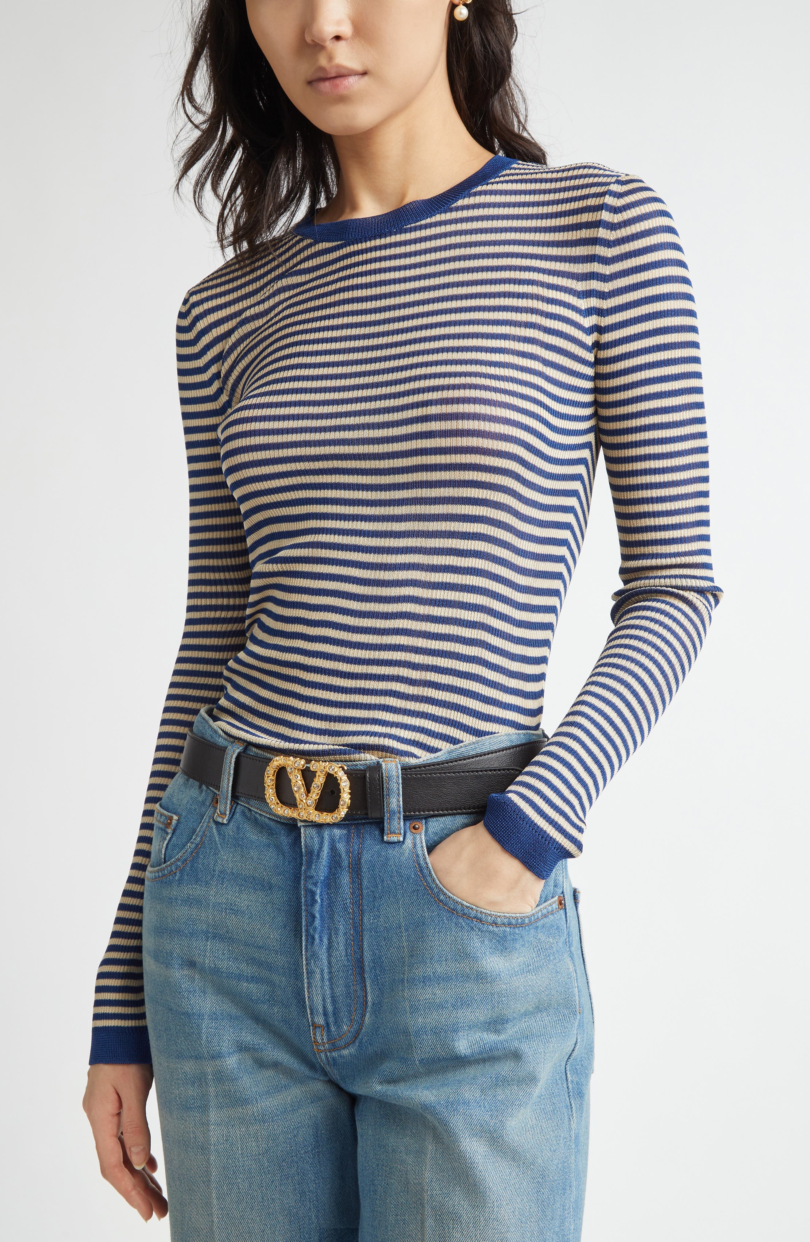Valentino Garavani Striped Silk Sweater in Blue Multi at Nordstrom - 4