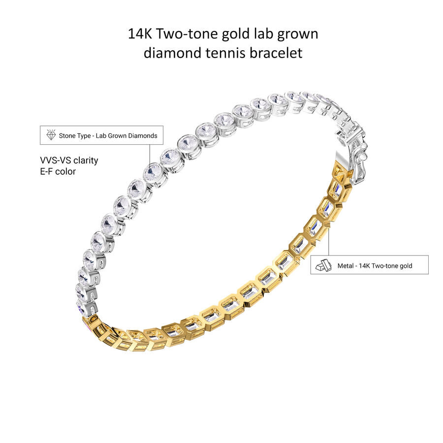Diamond2Deal - Diamond2Deal 14k Two-tone Gold 6.5 Carat Round & Radiant Cut Lab Grown Diamond Bangle Bracelet 7" VV - 3