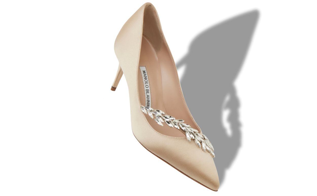 Beige Satin Jewel Buckle Pumps - 2