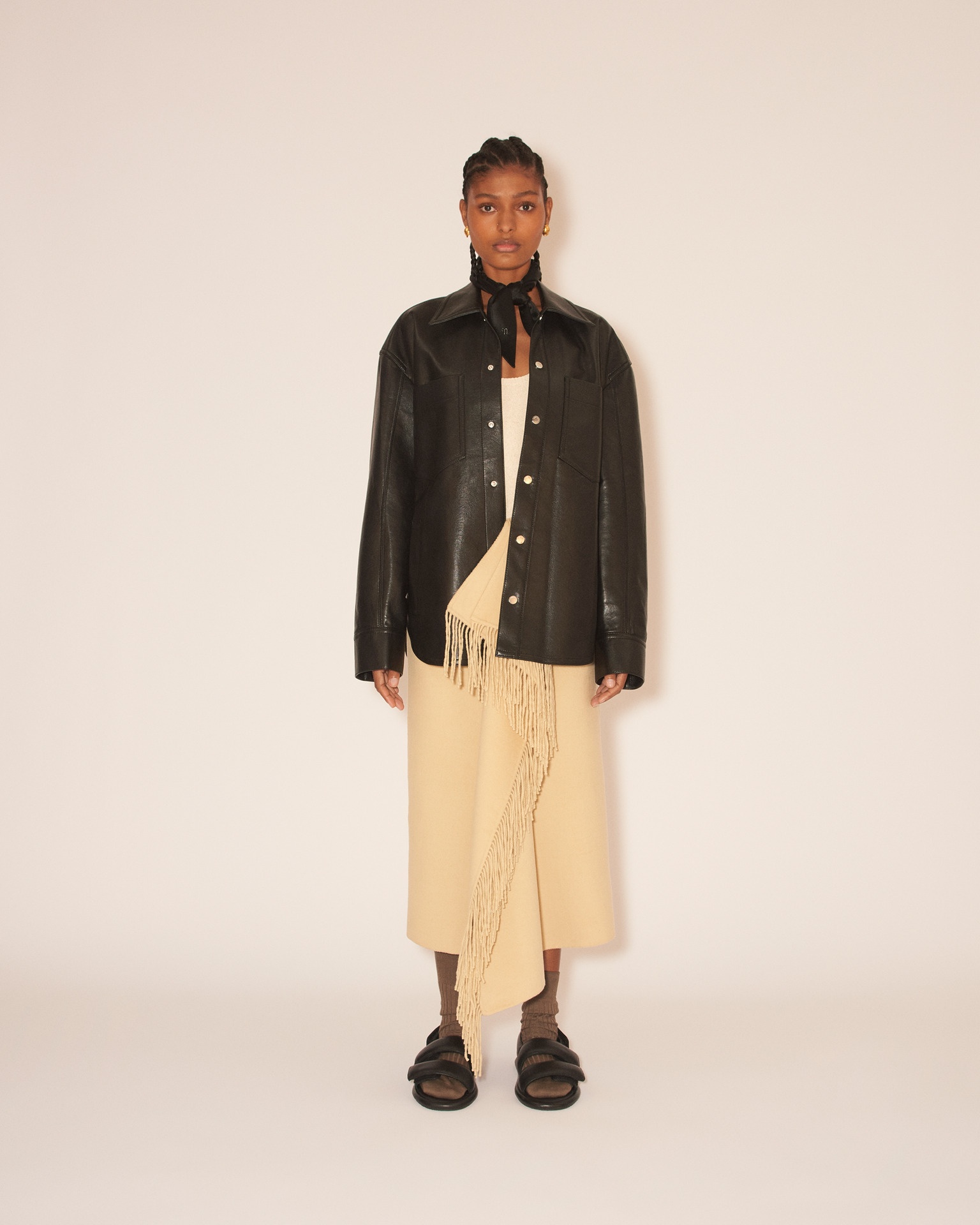 KIORA - Regenerated leather overshirt with contrast knitted collar - Black - 2