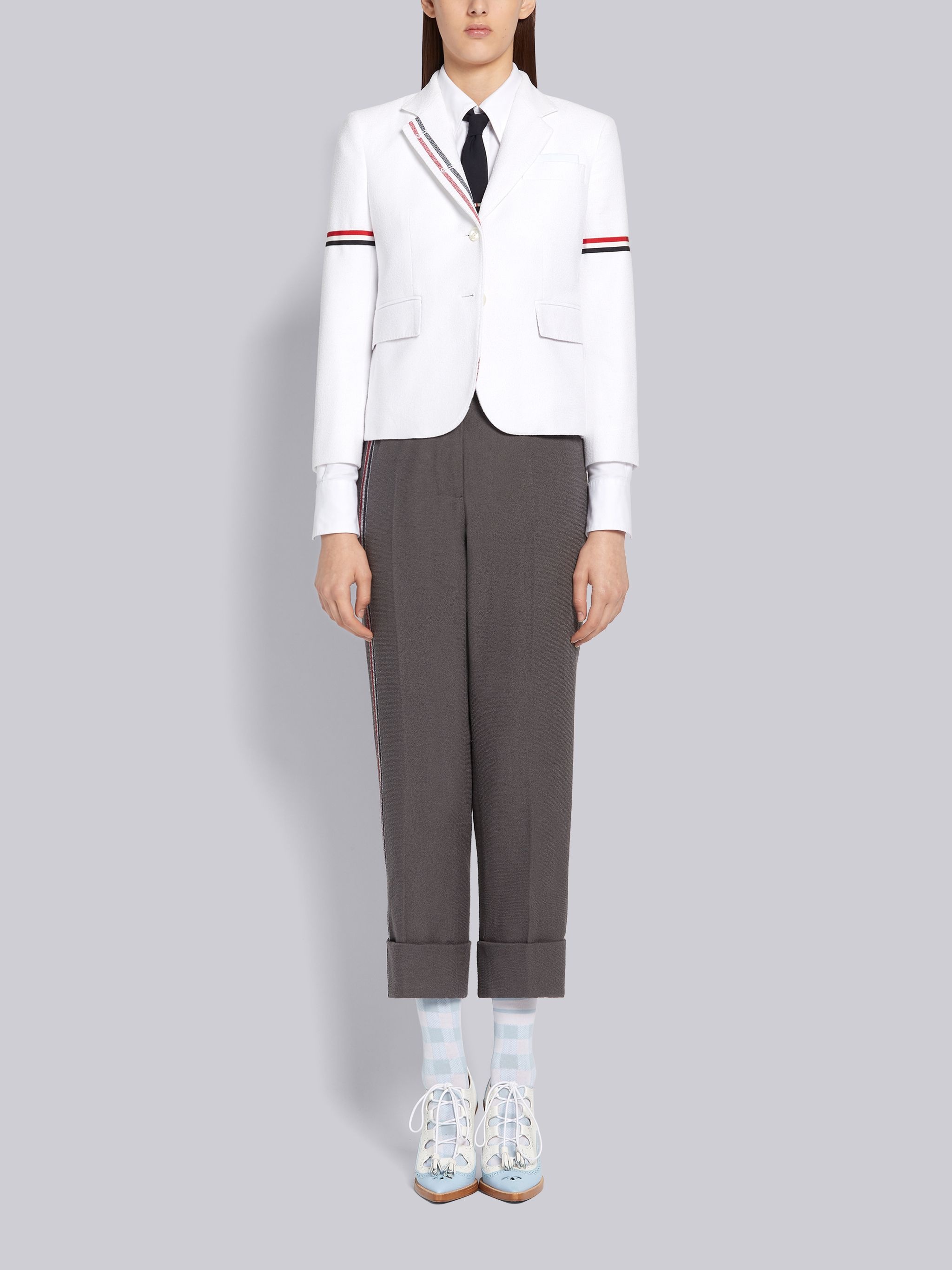 Dark Grey Cotton Boucle Suiting Side Engineered Stripe Classic Trouser - 4