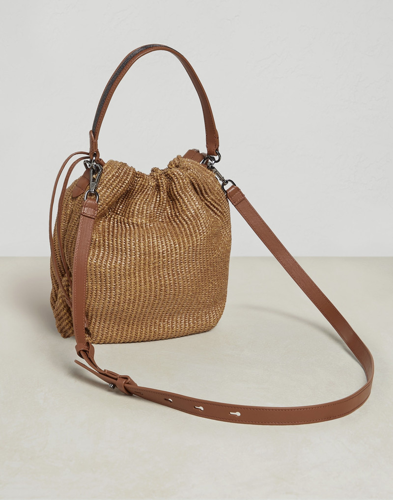 Techno raffia bucket bag with shiny handle 2