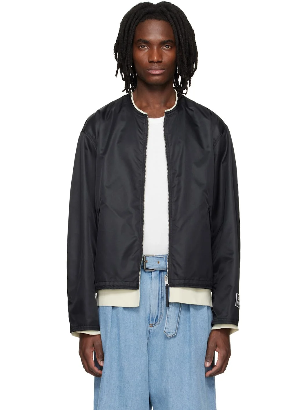 Black Layered Collarless Reversible Bomber Jacket - 1