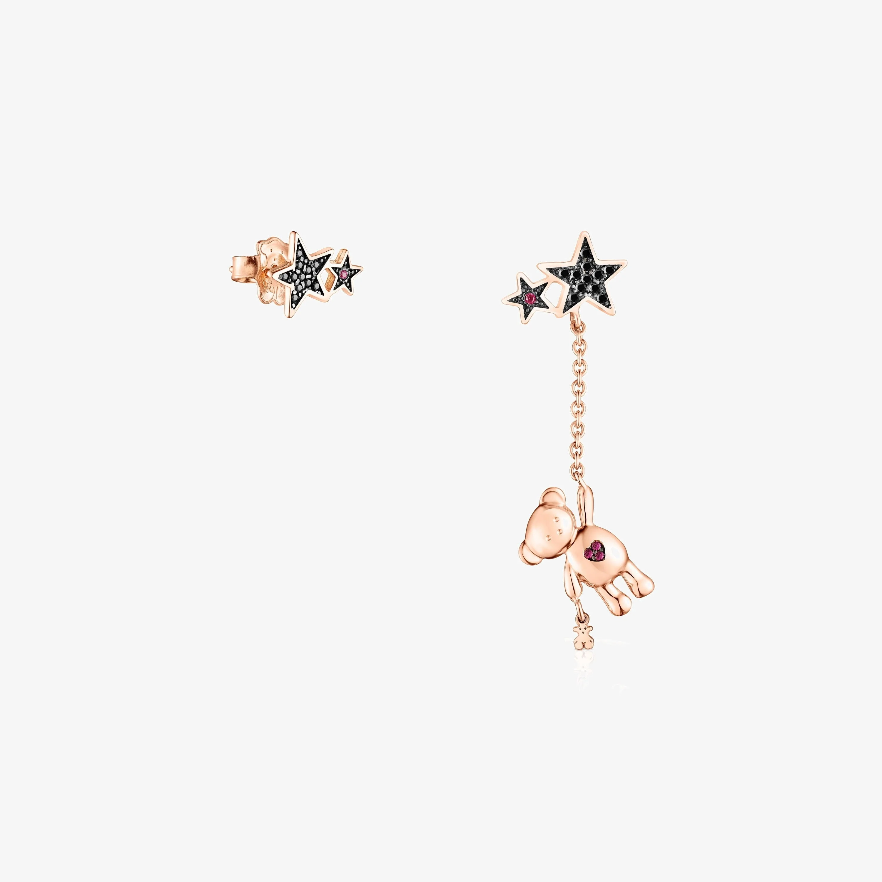 Short/long Rose Silver Vermeil Teddy Bear Stars Earrings with Spinel and Ruby - 1