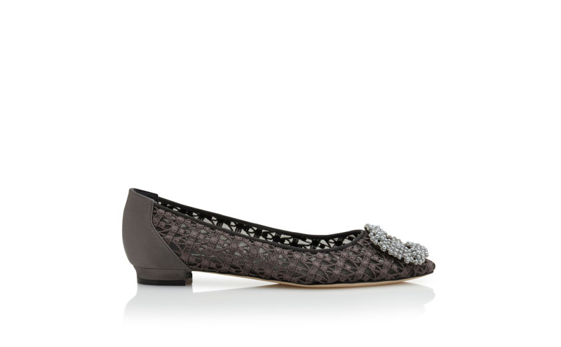 Dark Grey Lace Pearl Buckle Flat Shoes - 1