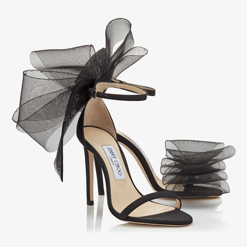 Aveline 100 Black Sandals with Asymmetric Grosgrain Mesh Fascinator Bows 3