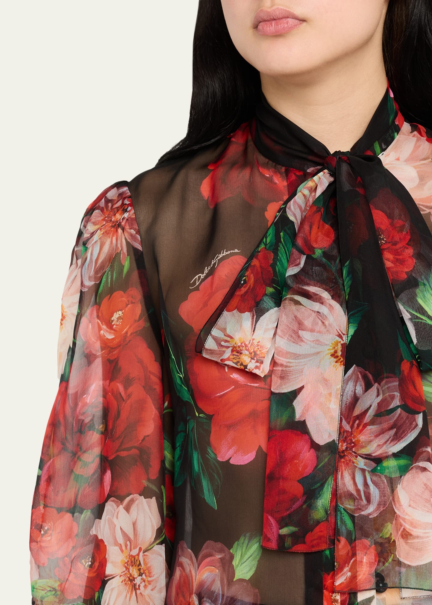 Rose Bouquet Chiffon Neck-Tie Blouse - 5