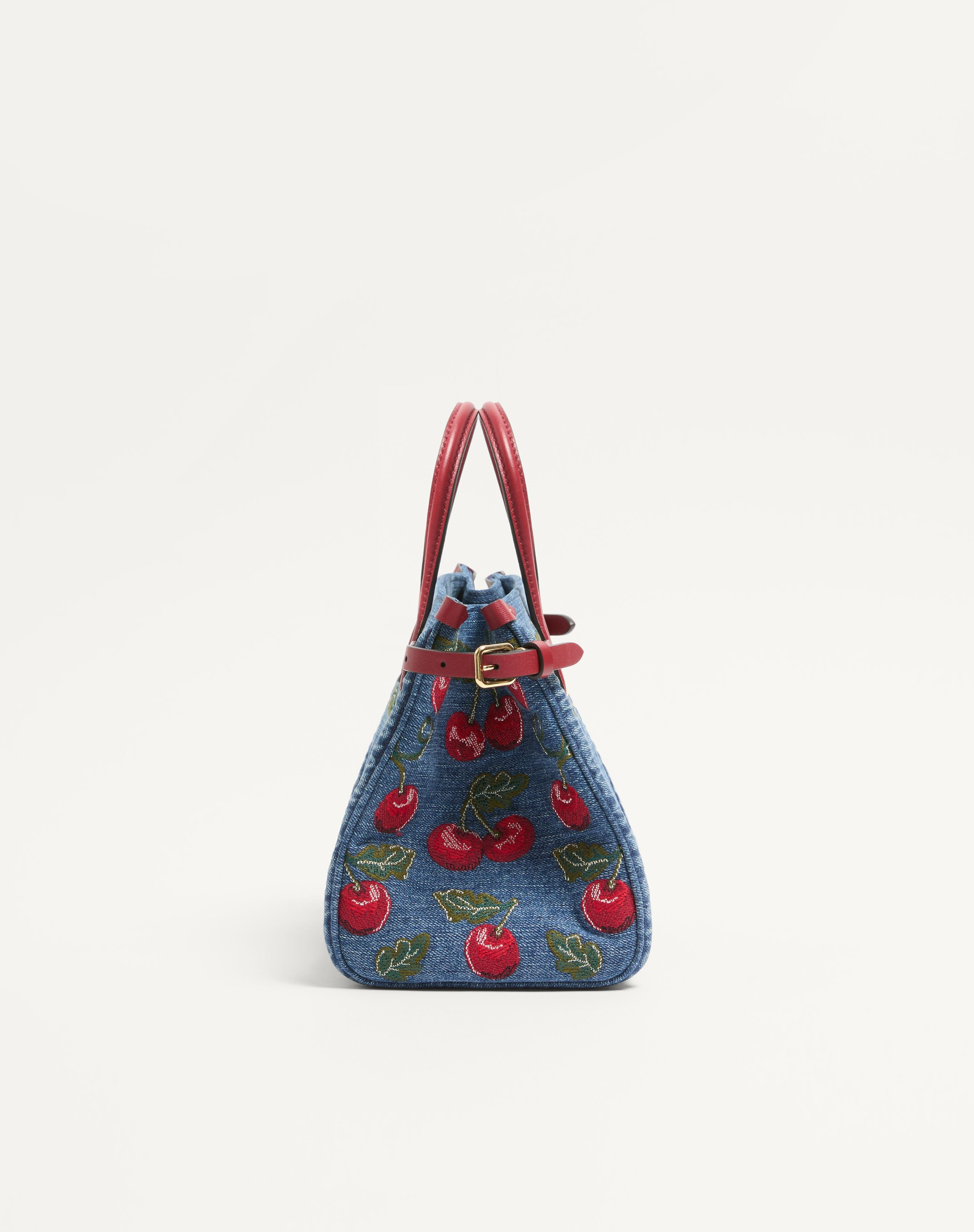 VALENTINO GARAVANI ANTIBES SMALL SHOPPING BAG IN DENIM WITH CHERRYFIC EMBROIDERY - 3