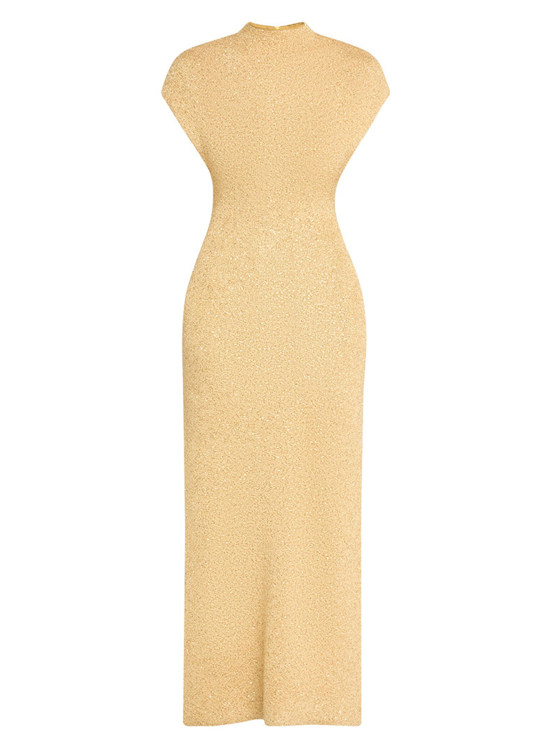 Women's Sequined Knit Mock Turtleneck Body-Con Dress - Gold 1