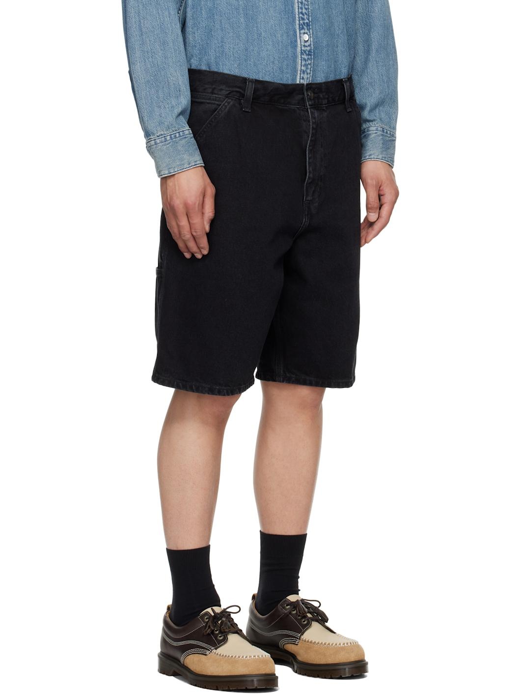 Black Single Knee Denim Shorts - 2