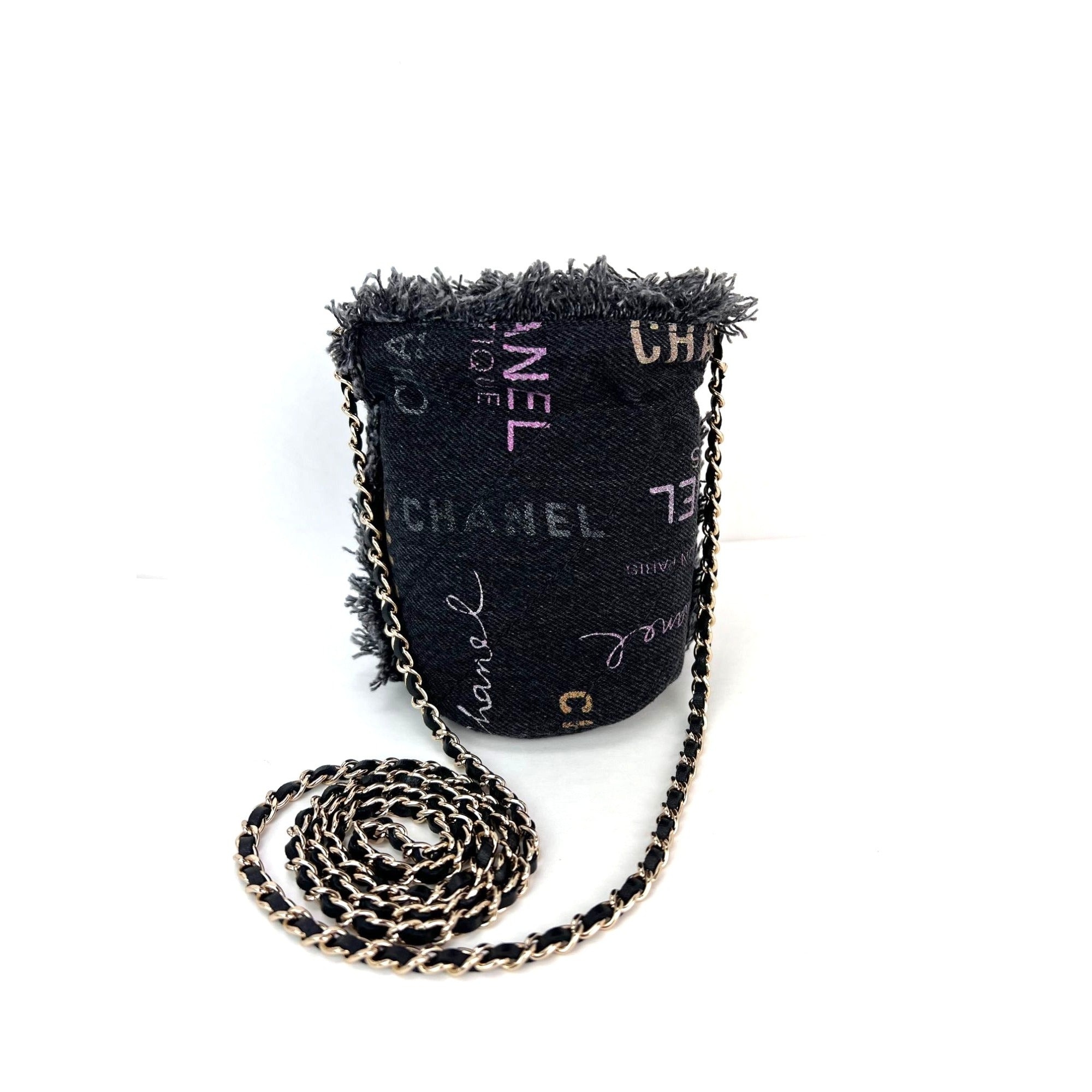 Chanel Denim Quilted Mood Mini Bucket With Chain Black - 2