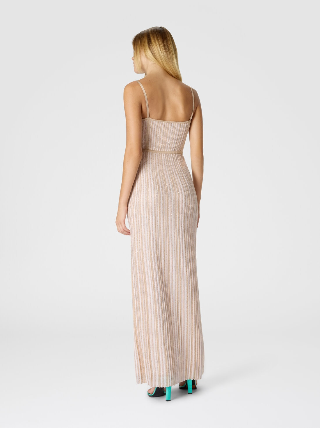 Sleeveless Long Dress with Lamé Stripes - 3