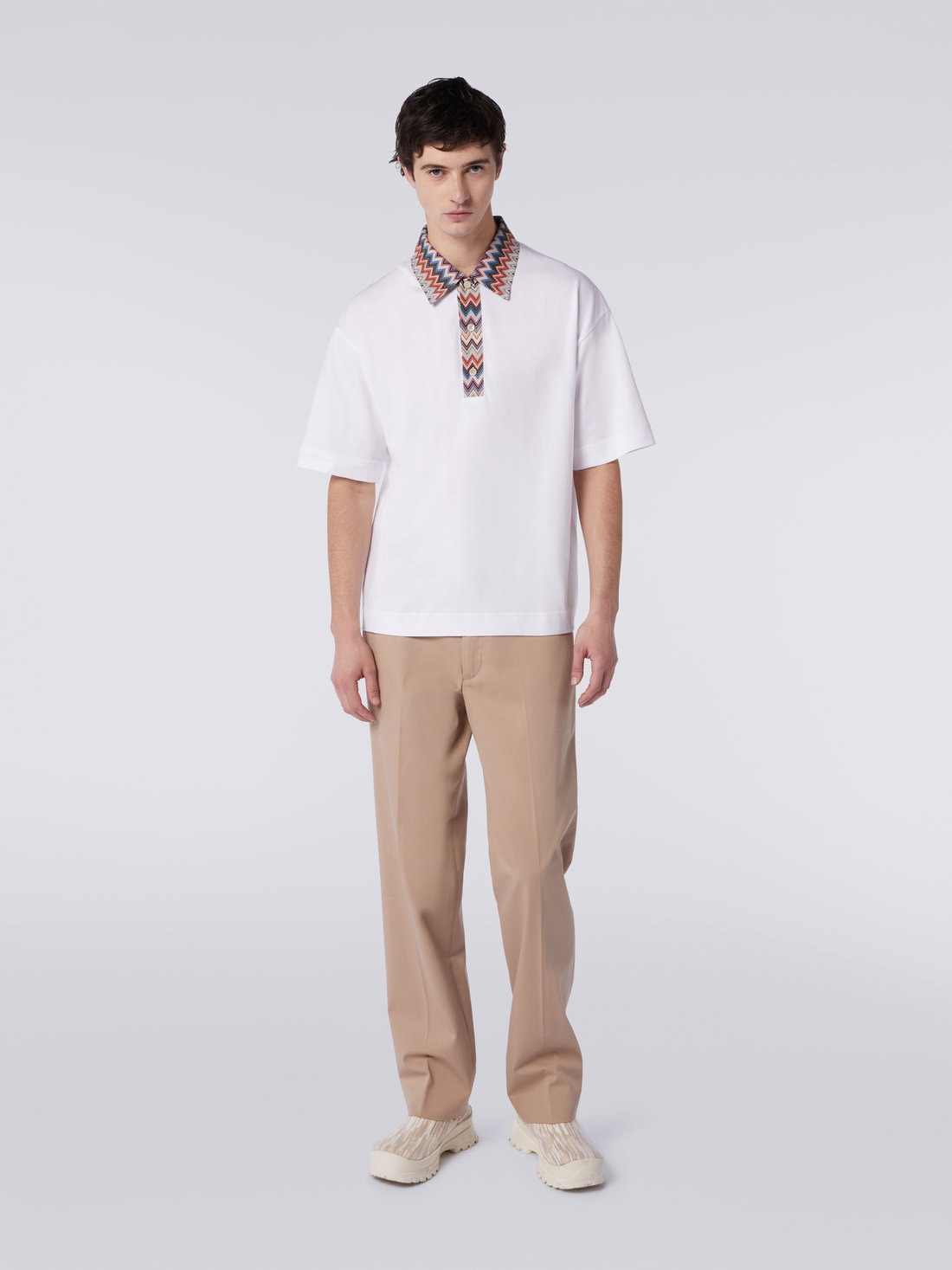 Short-sleeved cotton jersey polo shirt with zigzag inserts - 2