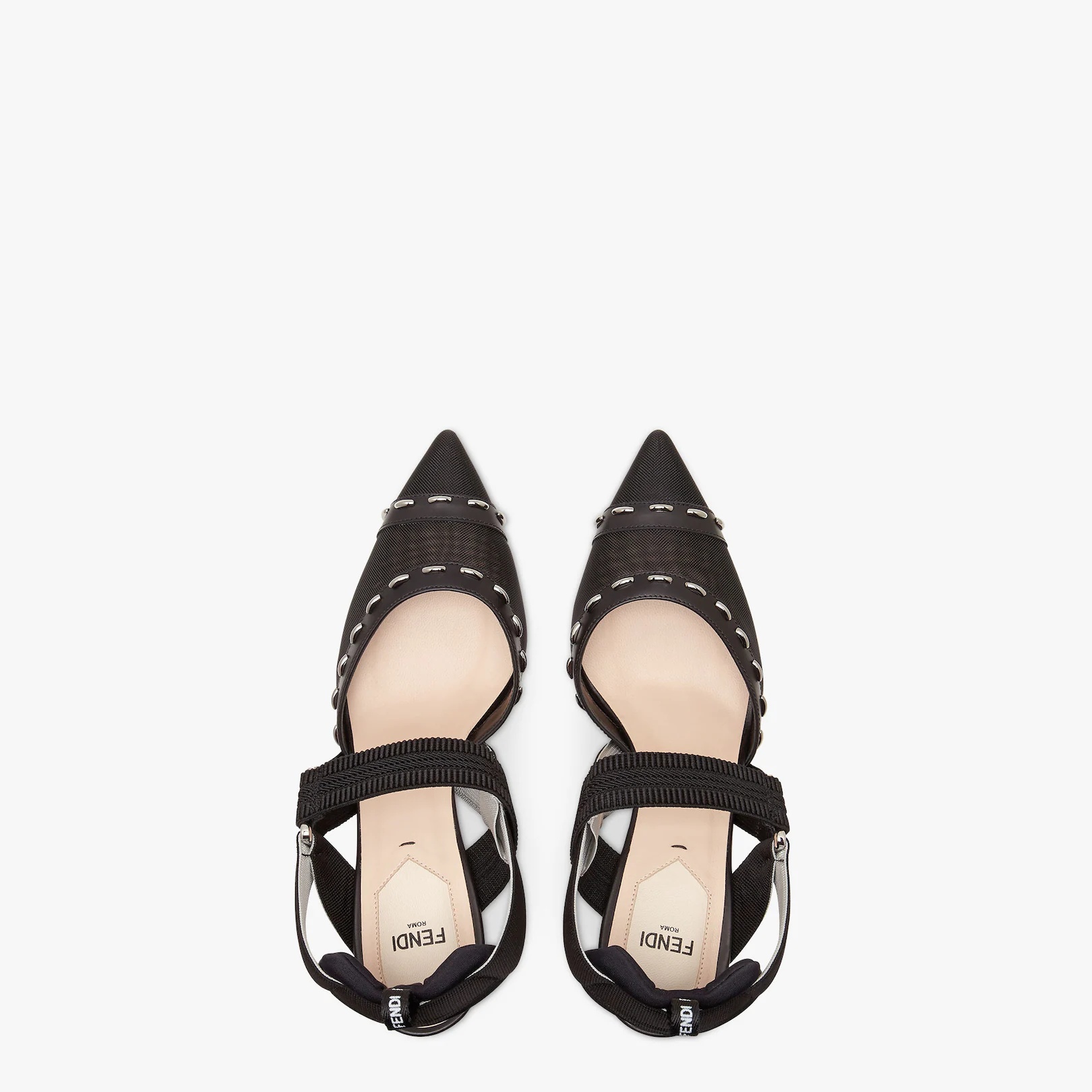 Black mesh, high-heel slingbacks with metal stitches - 4