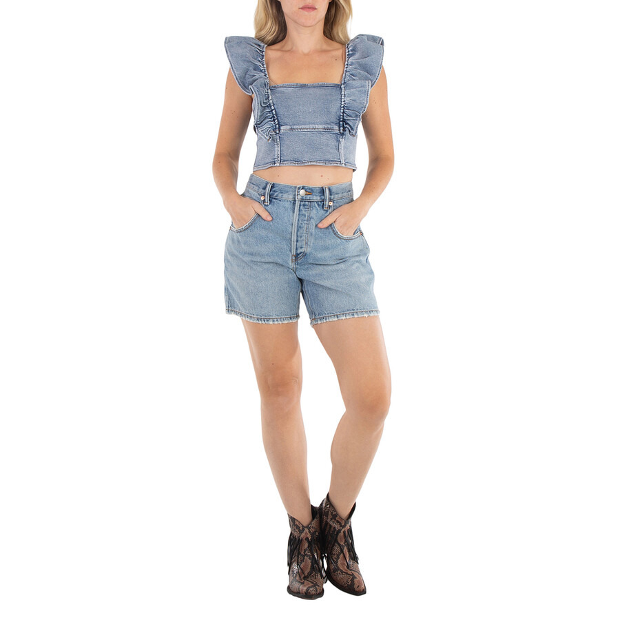 Ganni Stretch Denim Cropped Ruffle Top - 4