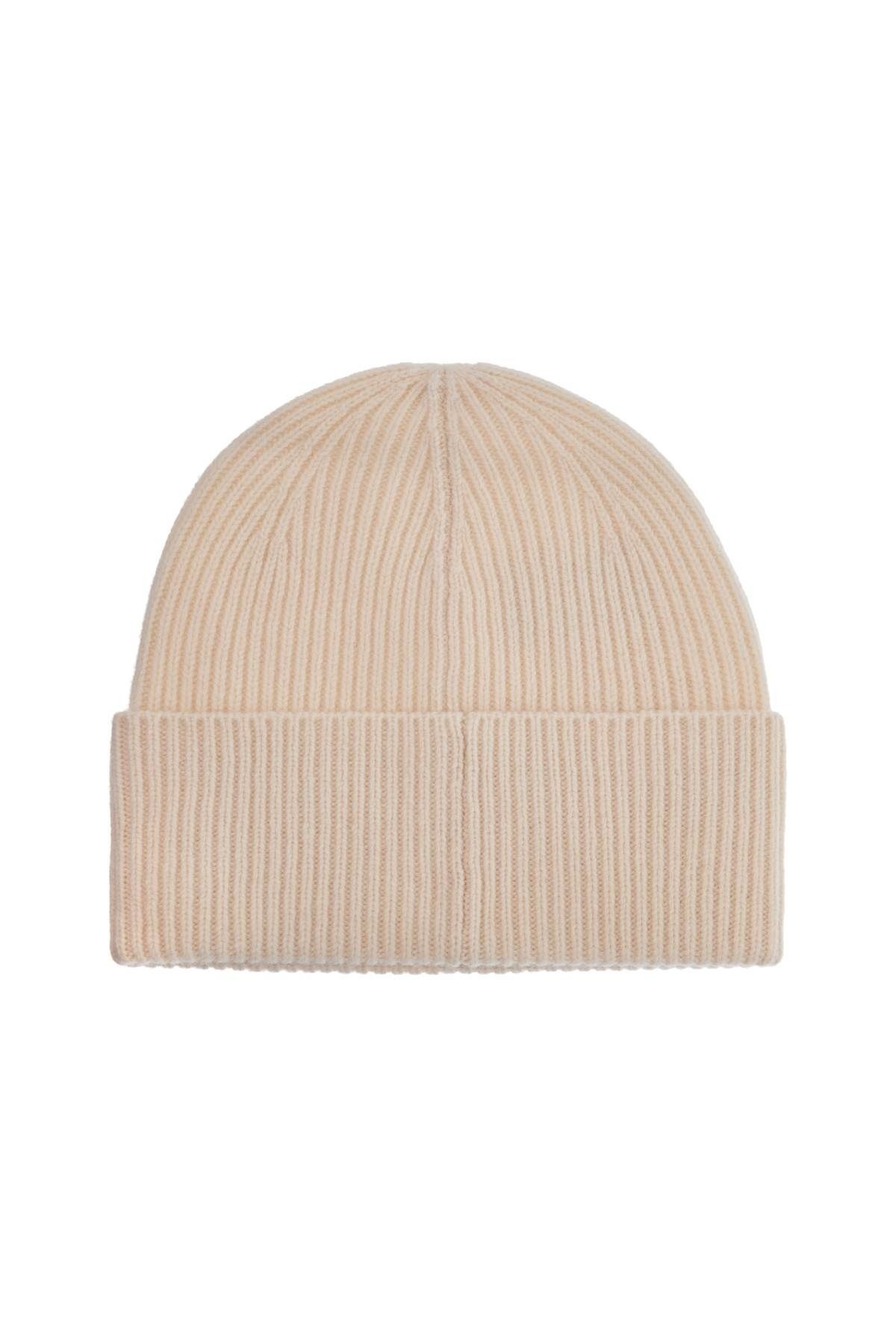 BEIGE RIBBED WOOL BEANIE WITH EMBROIDERED LOGO - 2