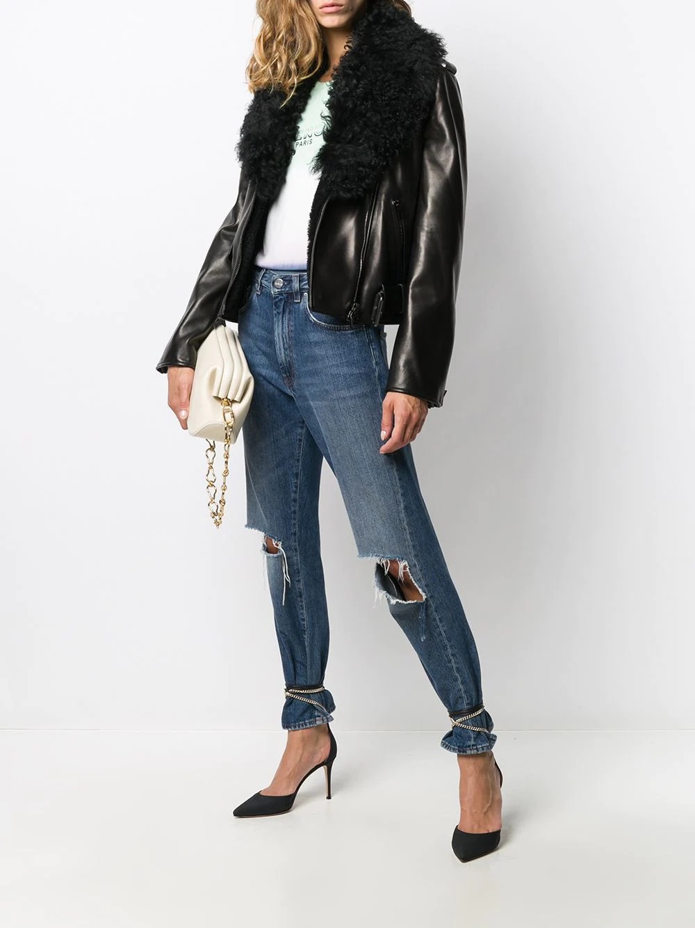 removable shearling collar biker jacket - 2