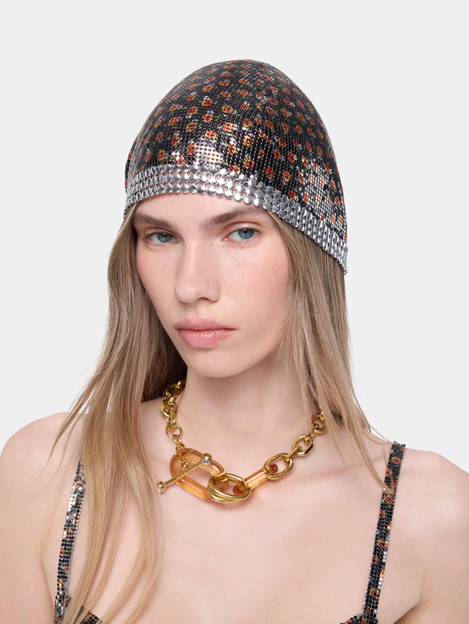 BLACK LIBERTY PRINT MESH BEANIE WITH SILVER EMBELLISHMENTS - 1