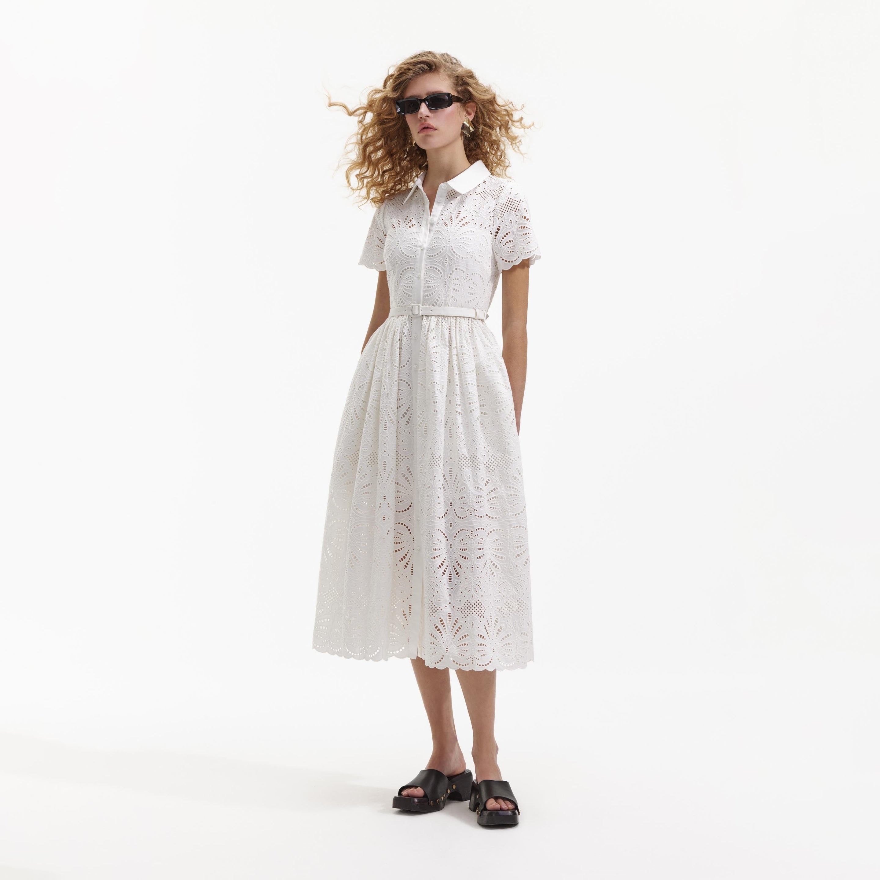 White Cotton Embriodery Midi Dress - 2