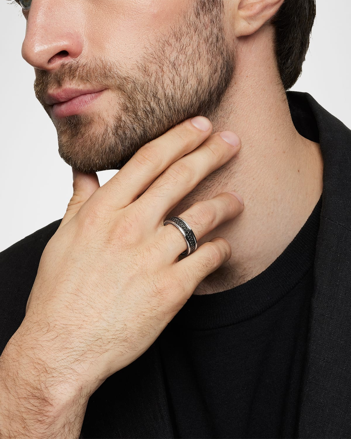 Men's Streamline Two-Row Band Ring with Black Diamonds in Silver, 6.5mm - 6