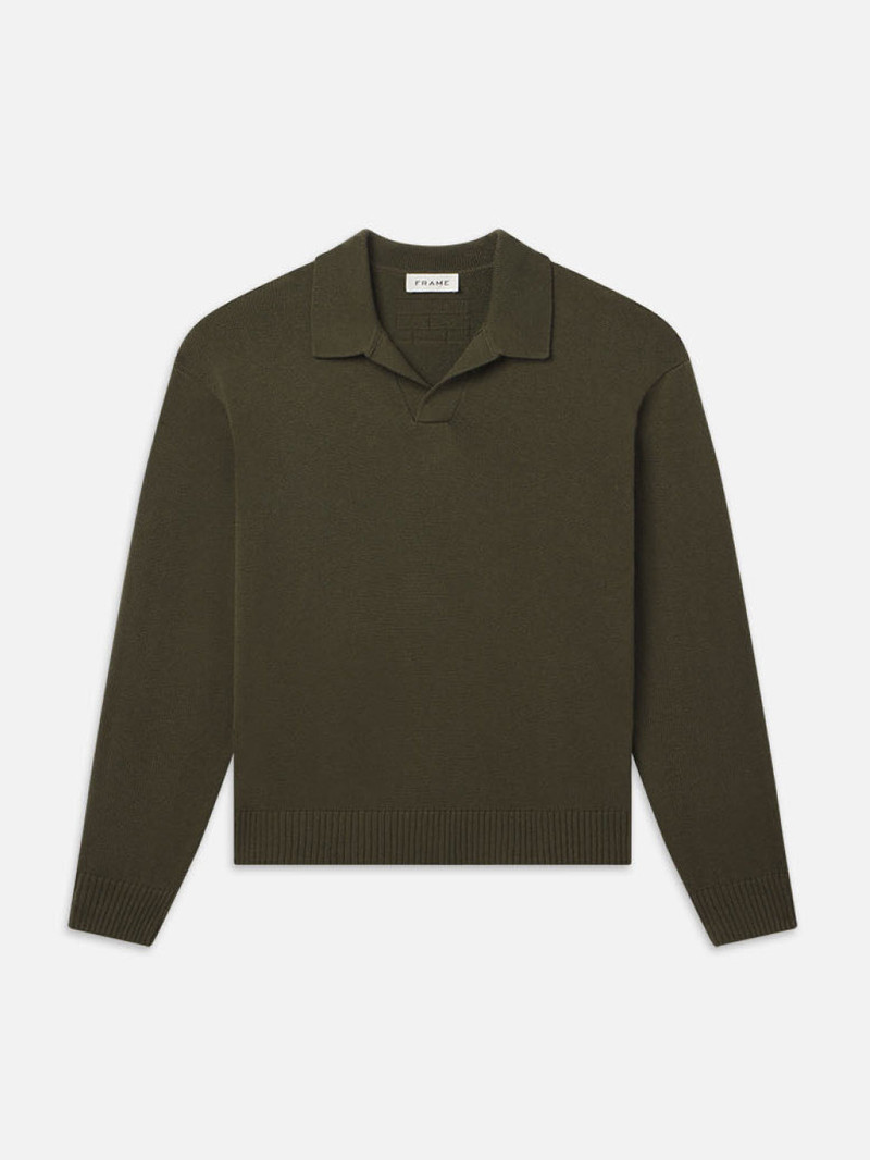 Silk Blend Polo Sweater in Dark Olive 1