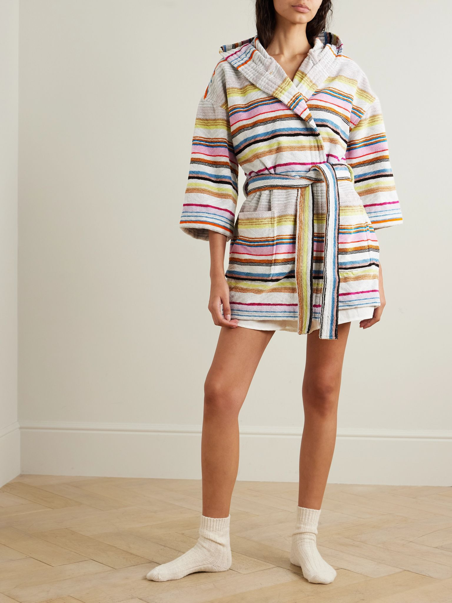 Moonshadow hooded striped metallic cotton-blend terry robe Pink - 2