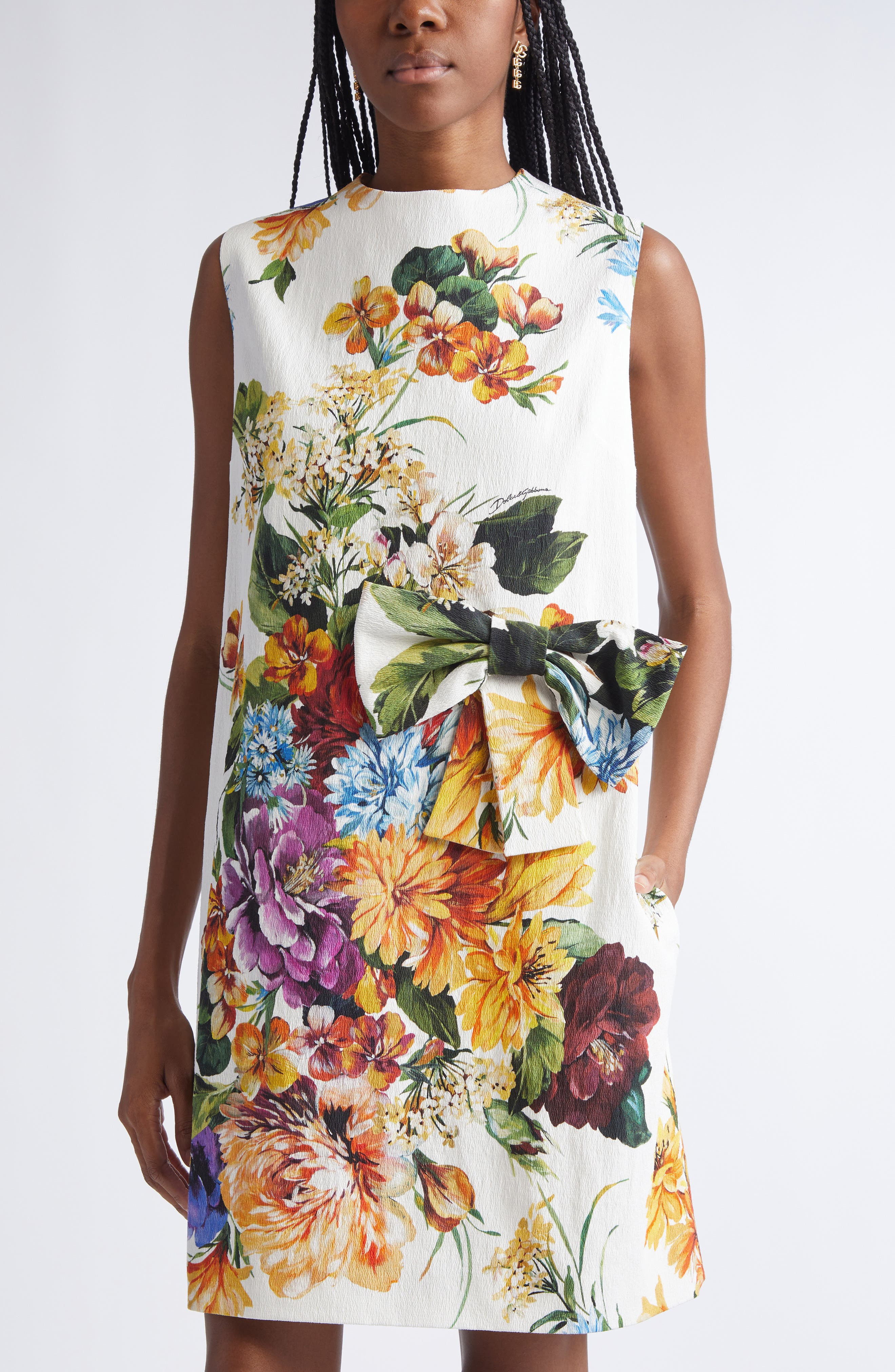 Dolce&Gabbana Flower Bouquet Print Bow Front Minidress in Ha5Pc B.fiori Cret. F.bco at Nordstrom - 4