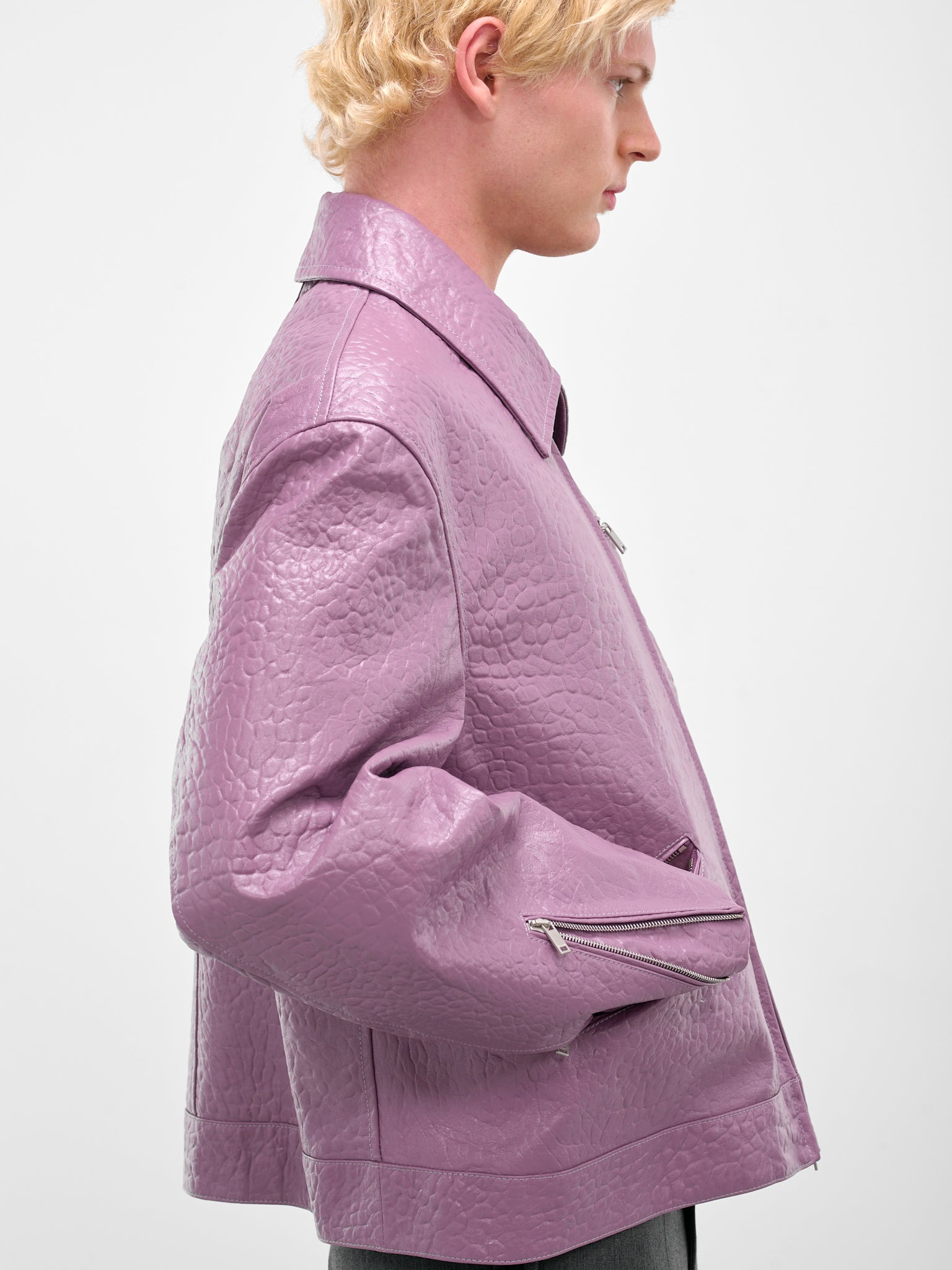Purple Pebbled Leather Zip Jacket - 5