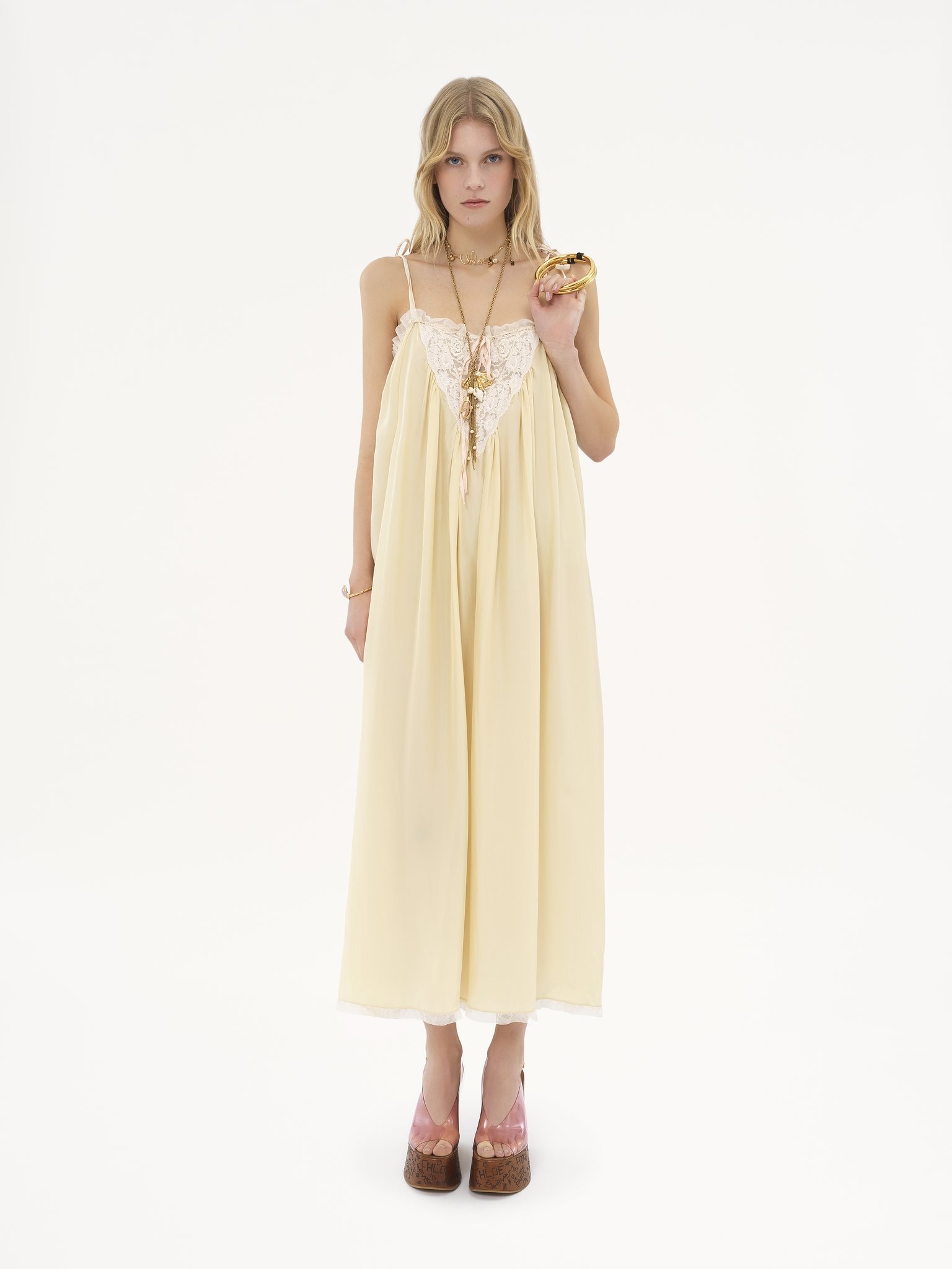 RUFFLED LONG DRESS IN SILK HABOTAI & LACE - 3