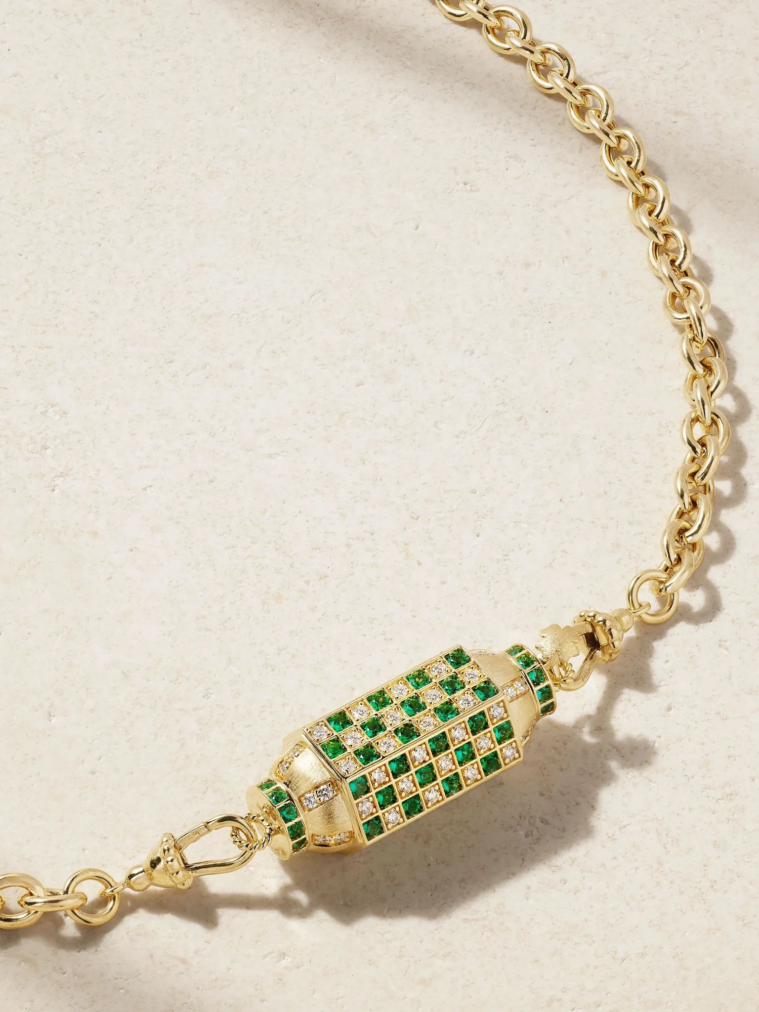 Check Locket 18-karat gold, emerald and diamond necklace Green - 1