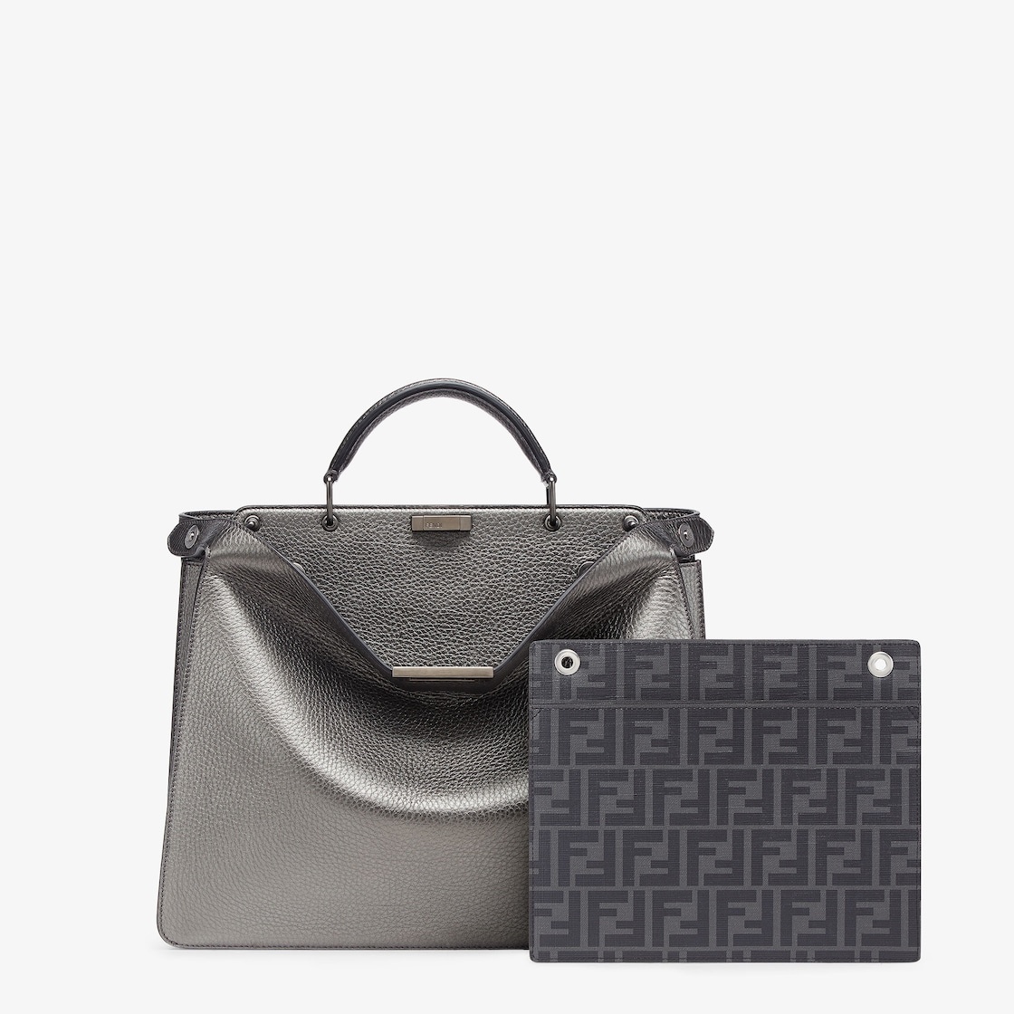 Medium Peekaboo ISeeU bag, made of dark gray Cuoio Romano leather with a metallic effect. The interi - 2