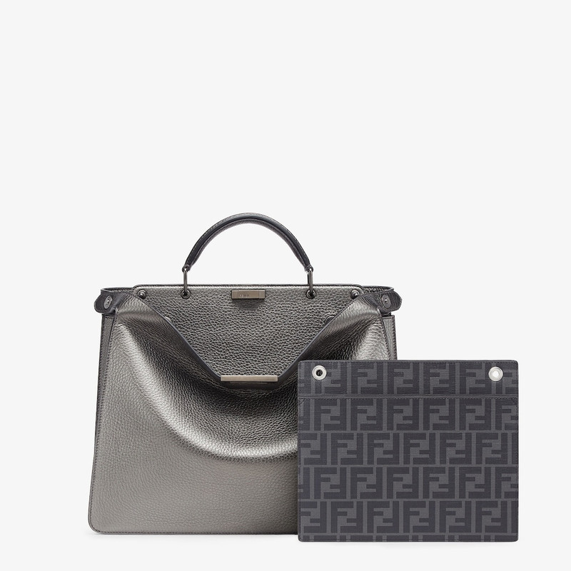 Medium Peekaboo ISeeU bag, made of dark gray Cuoio Romano leather with a metallic effect. The interi 2