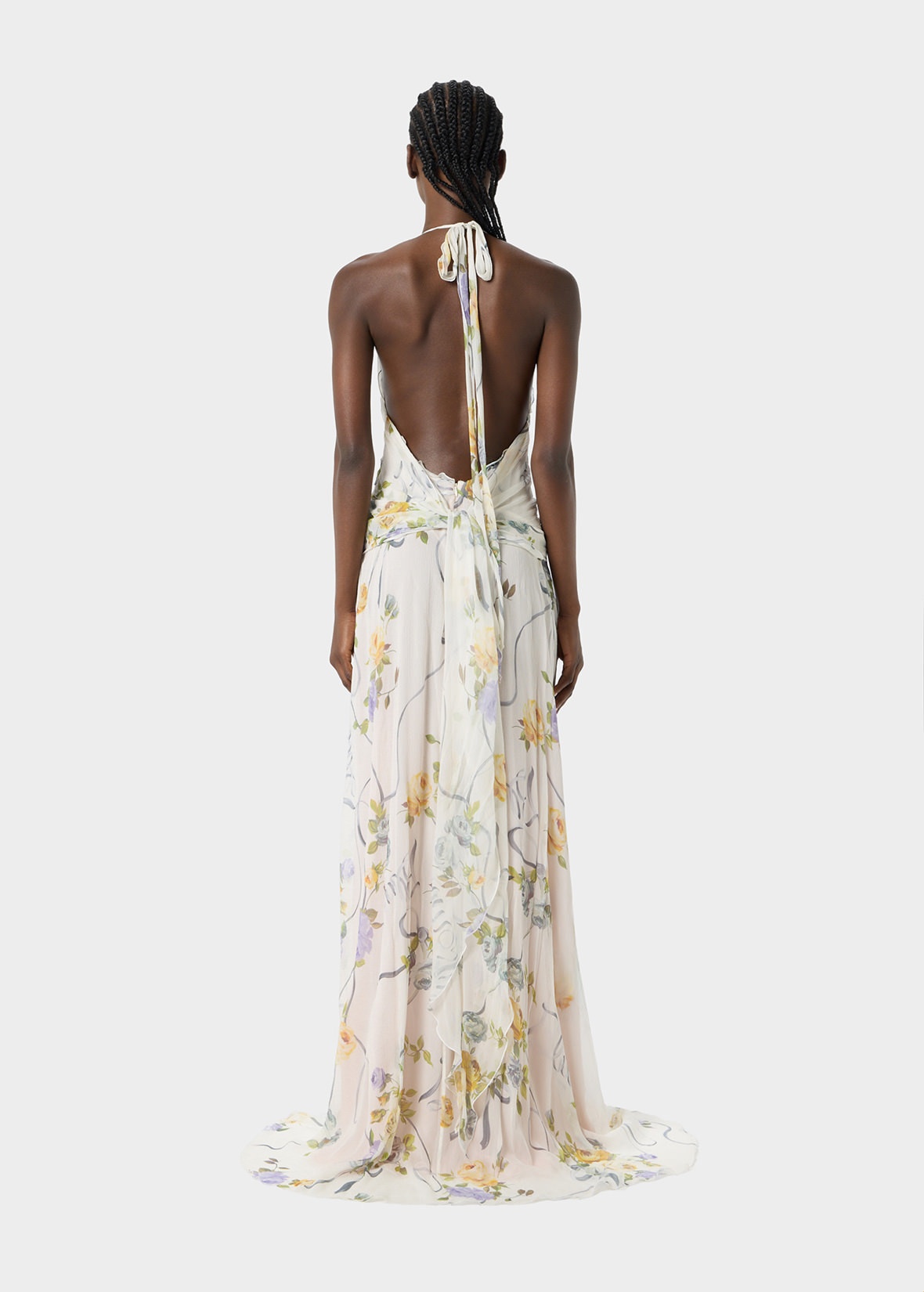 RUFFLED LONG DRESS IN PRINTED CREPONNE WITH ROSE DECORATION - 4