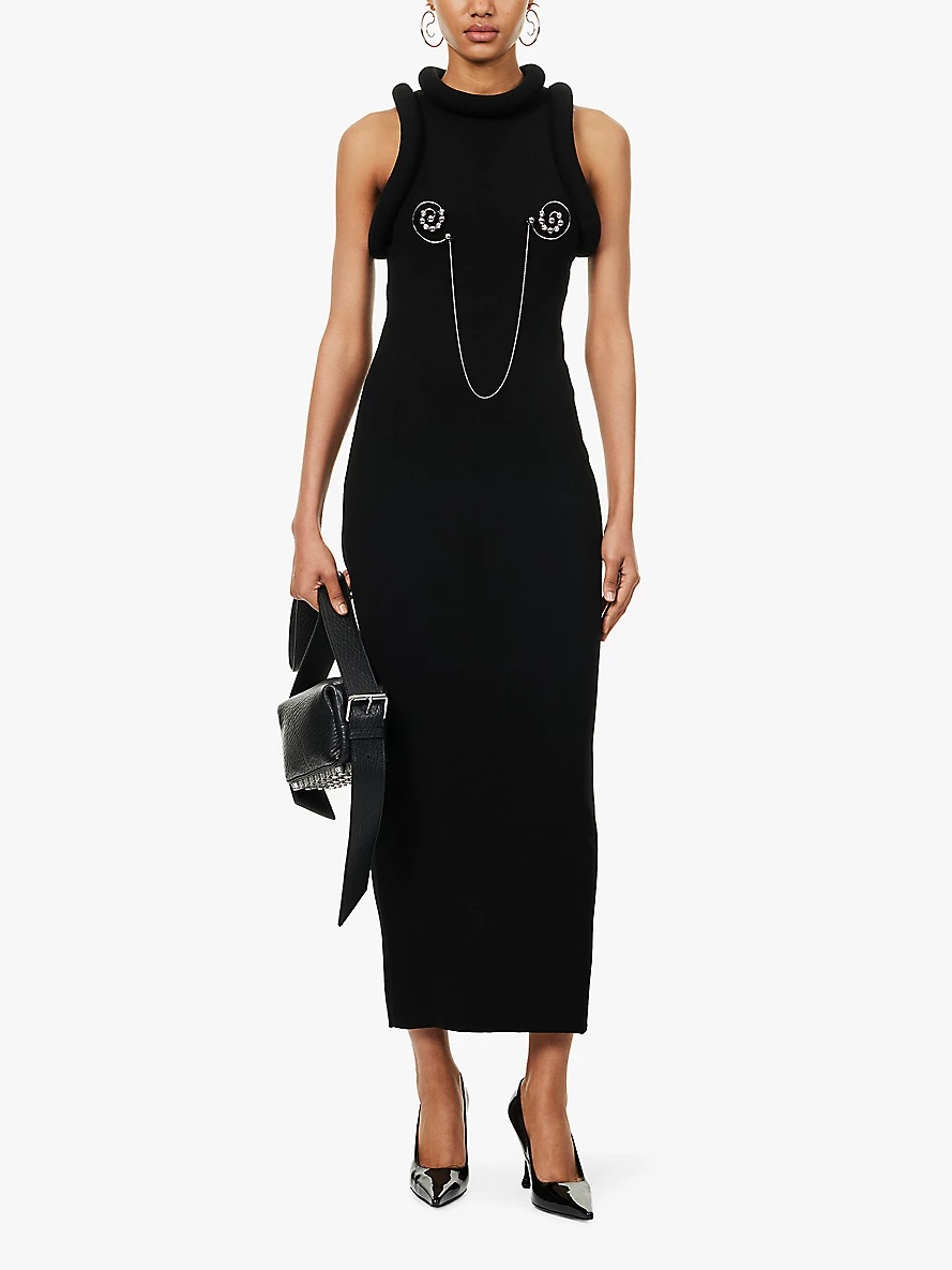 Chain-embellished padded-trim knitted maxi dress - 2