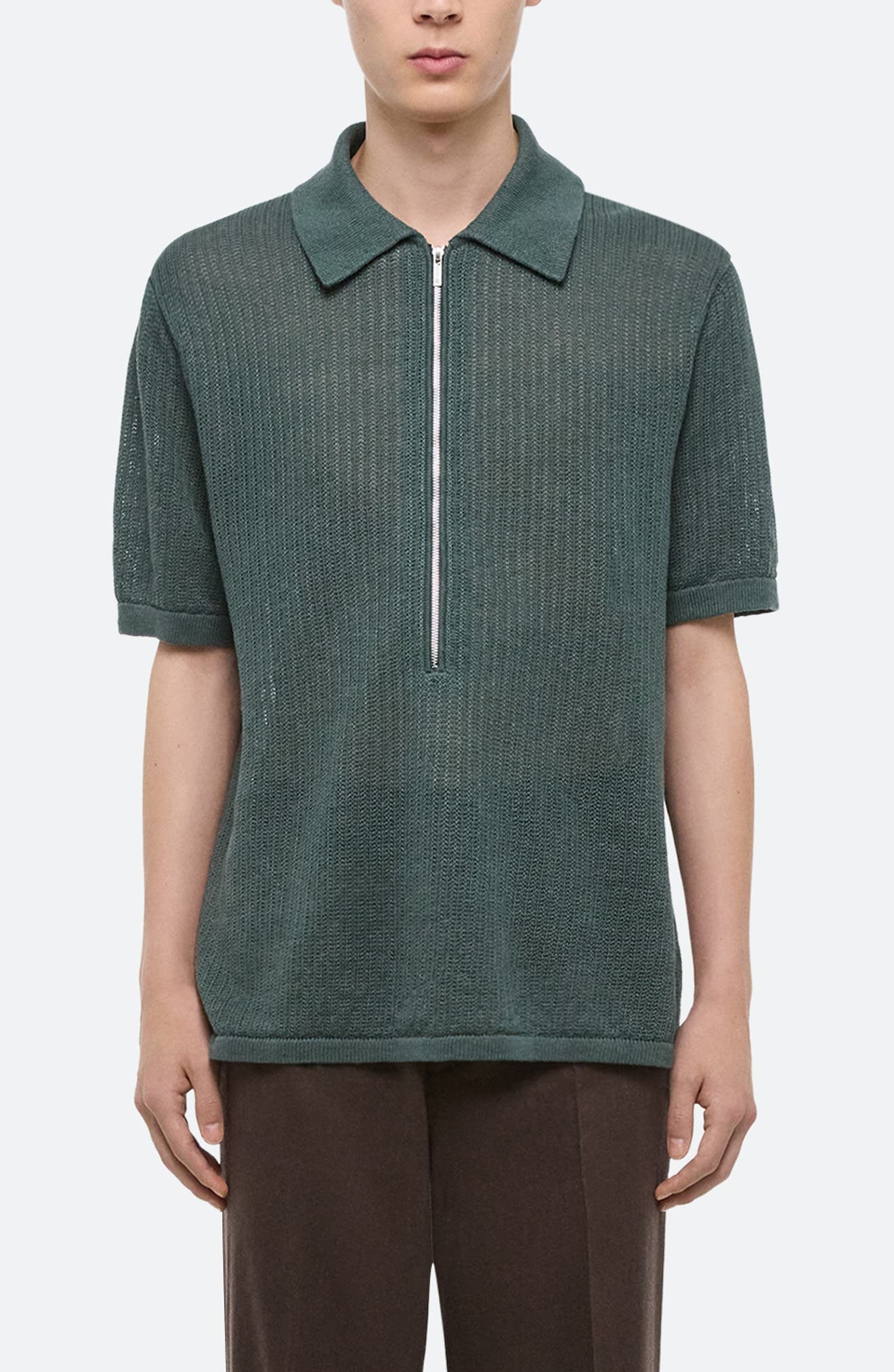 Helmut Lang Linen Zip Polo in Blue Green - 1