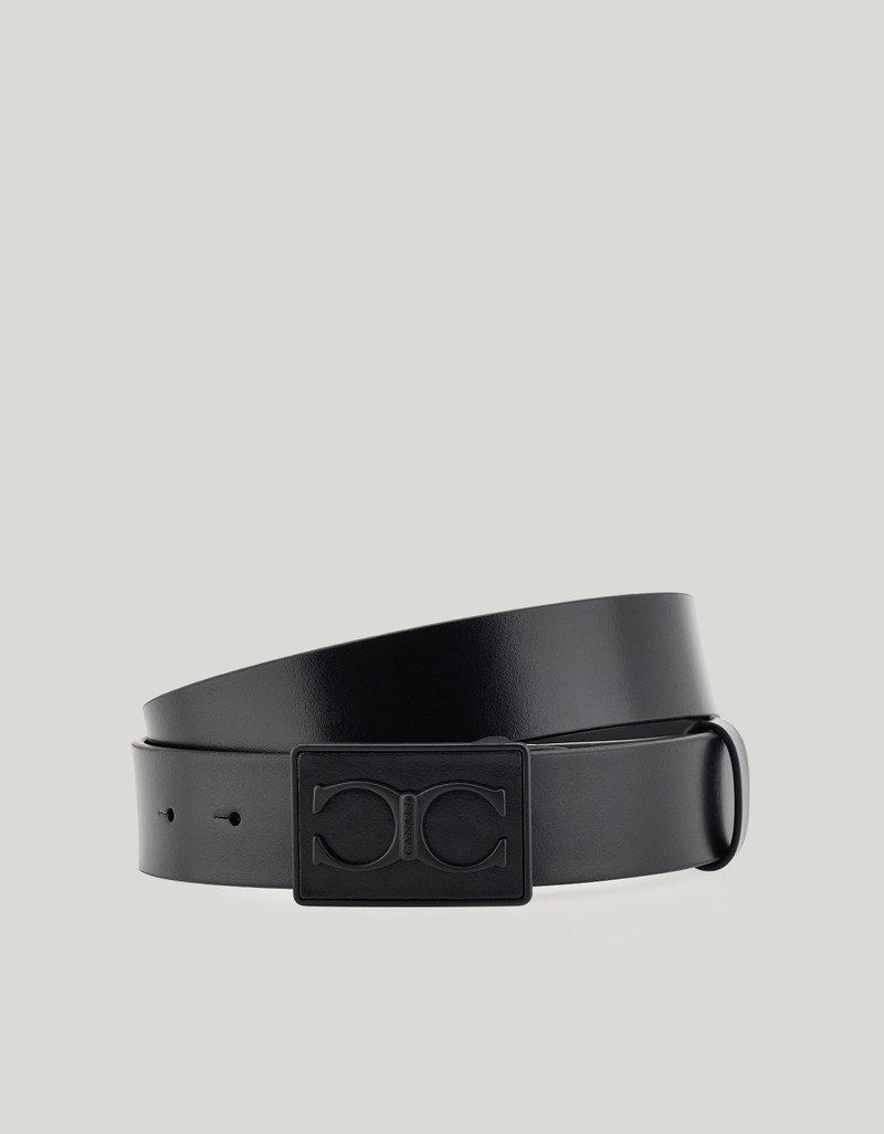 BELT IN SMOOTH BLACK CALFSKIN WITH MONOGRAM PLAQUE 1