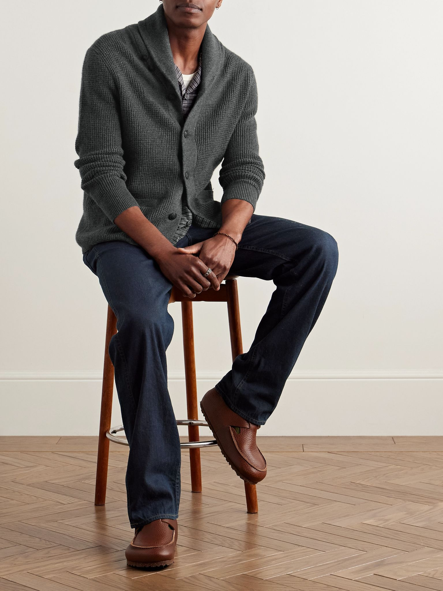 Shawl-Collar Waffle-Knit Cashmere Cardigan Gray - 2