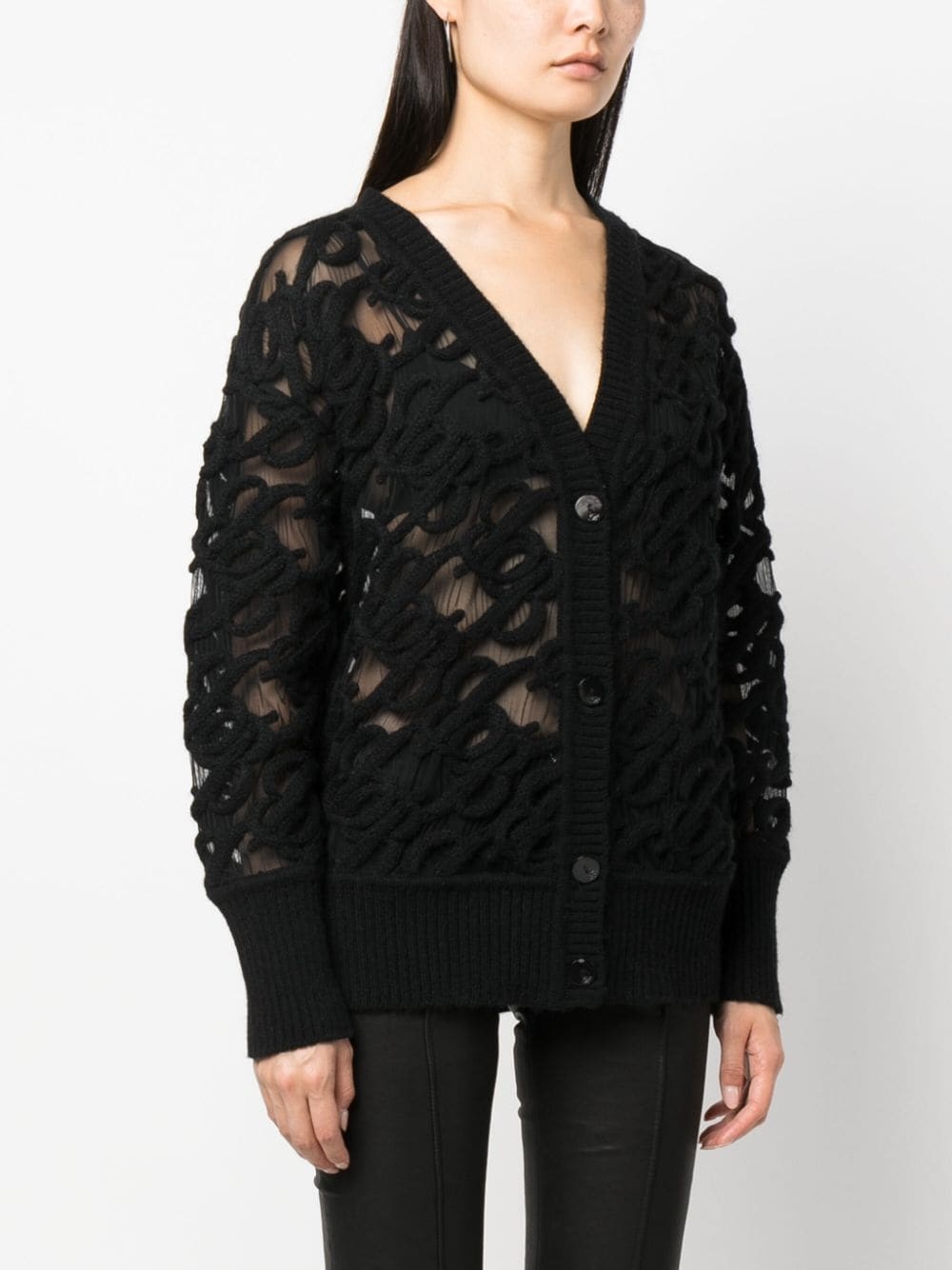 logo-embroidered semi-sheer cardigan - 3