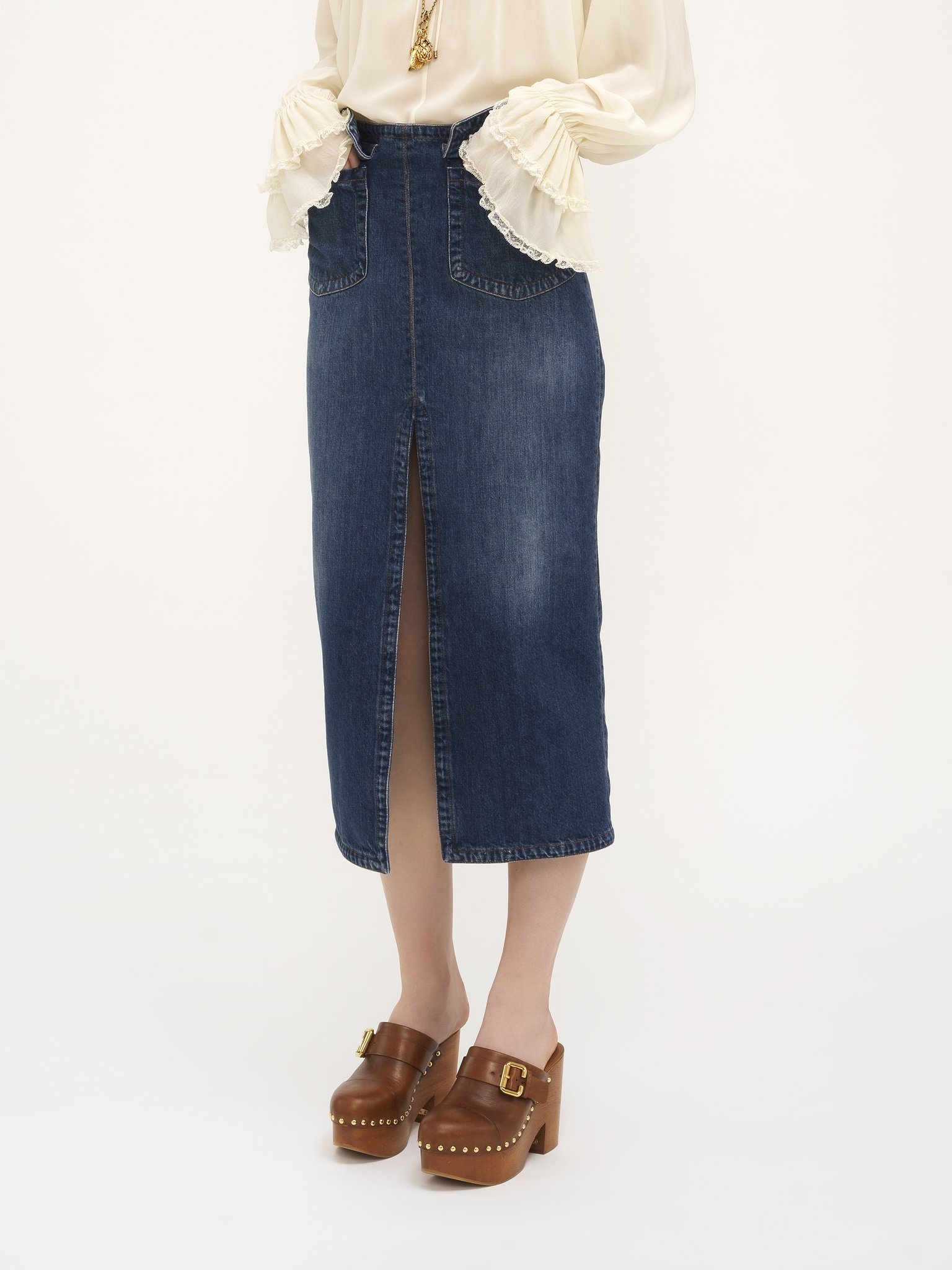 FRONT-SLIT MIDI SKIRT IN DENIM - 4