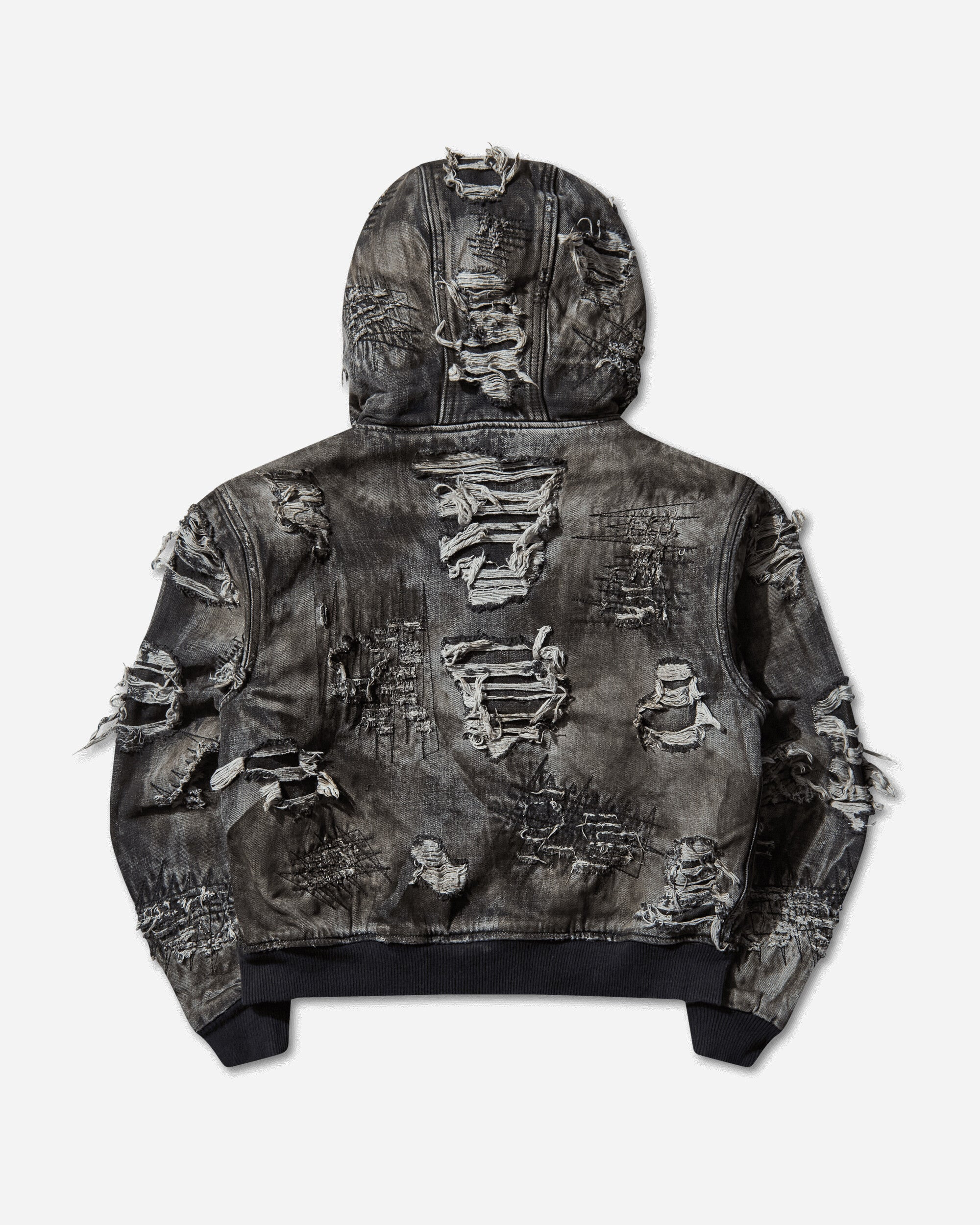Men's Hard-Washed Damaged Denim Hooded Zip-Up Jacket Black - 2