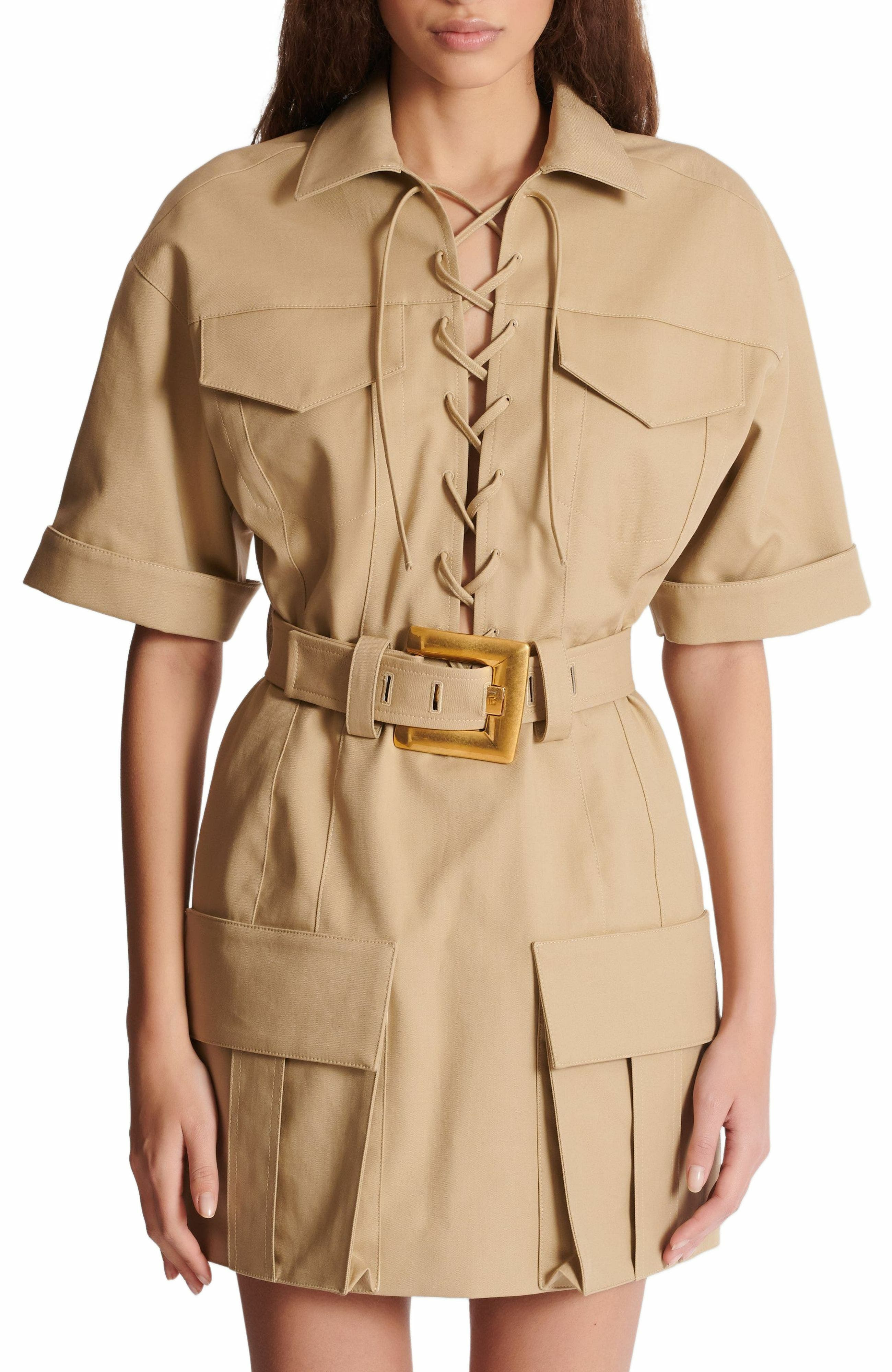 Balmain Short cotton gabardine lace-up dress in Beige at Nordstrom - 7