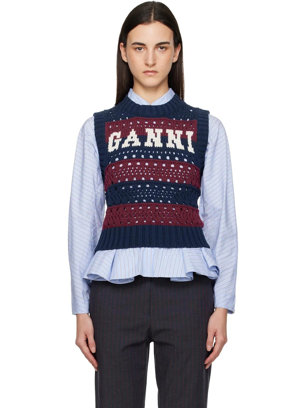 Navy & Burgundy Cotton Mixed Stripe Vest - 1