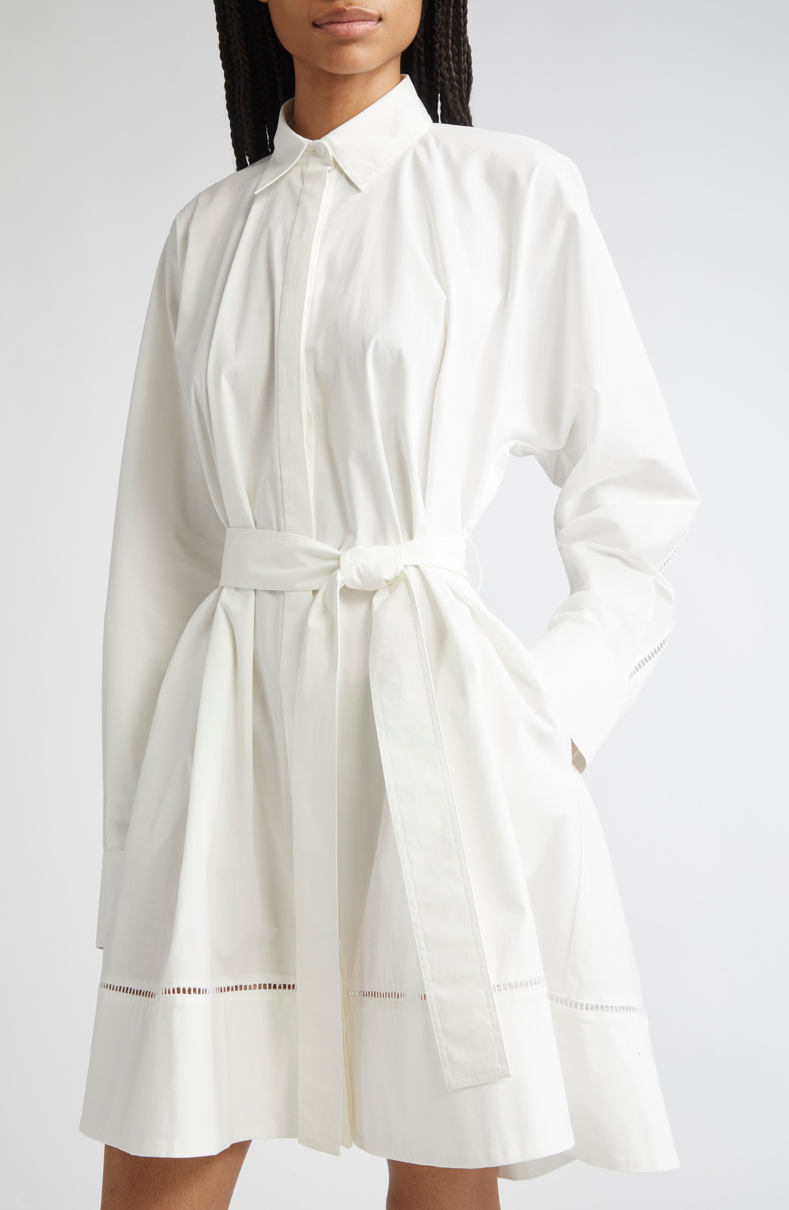 Proenza Schouler Sammy Long Sleeve Belted Stretch Cotton Poplin Shirtdress in White at Nordstrom - 4