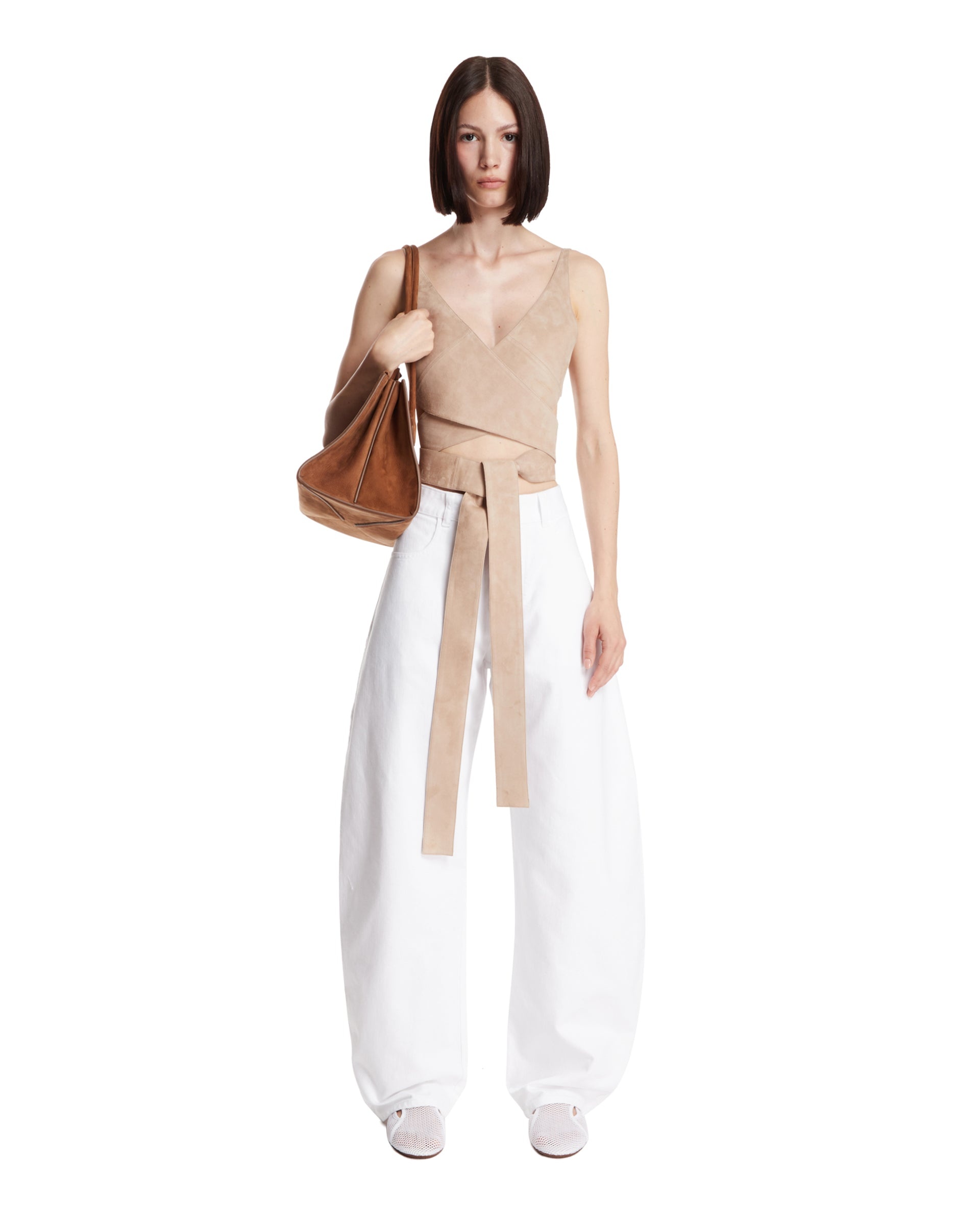 Beige Leather Wrap Top - 2