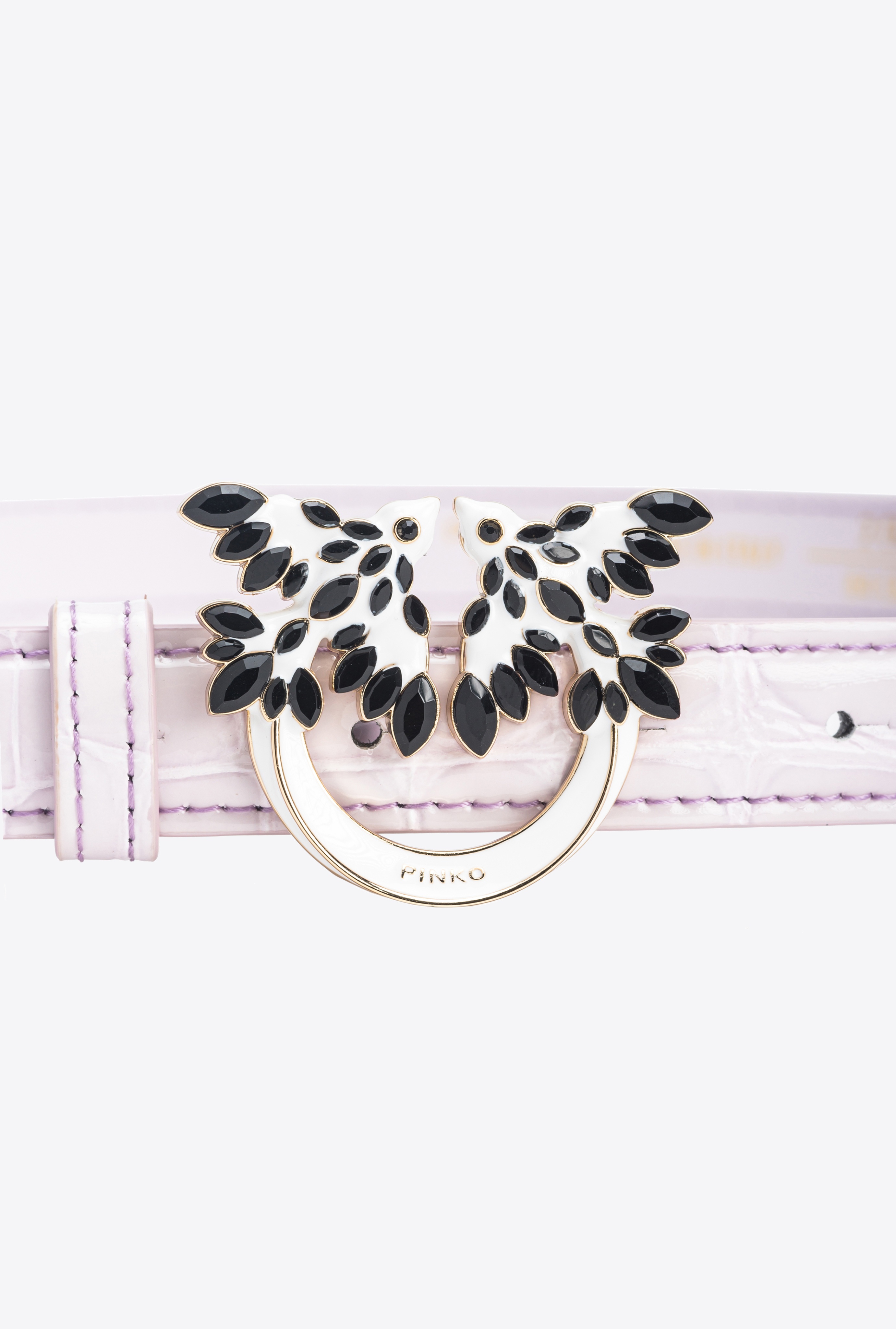 PINKO GALLERIA THIN 2CM SHINY CROC-PRINT BELT WITH LOVE BIRDS BUCKLE - 2