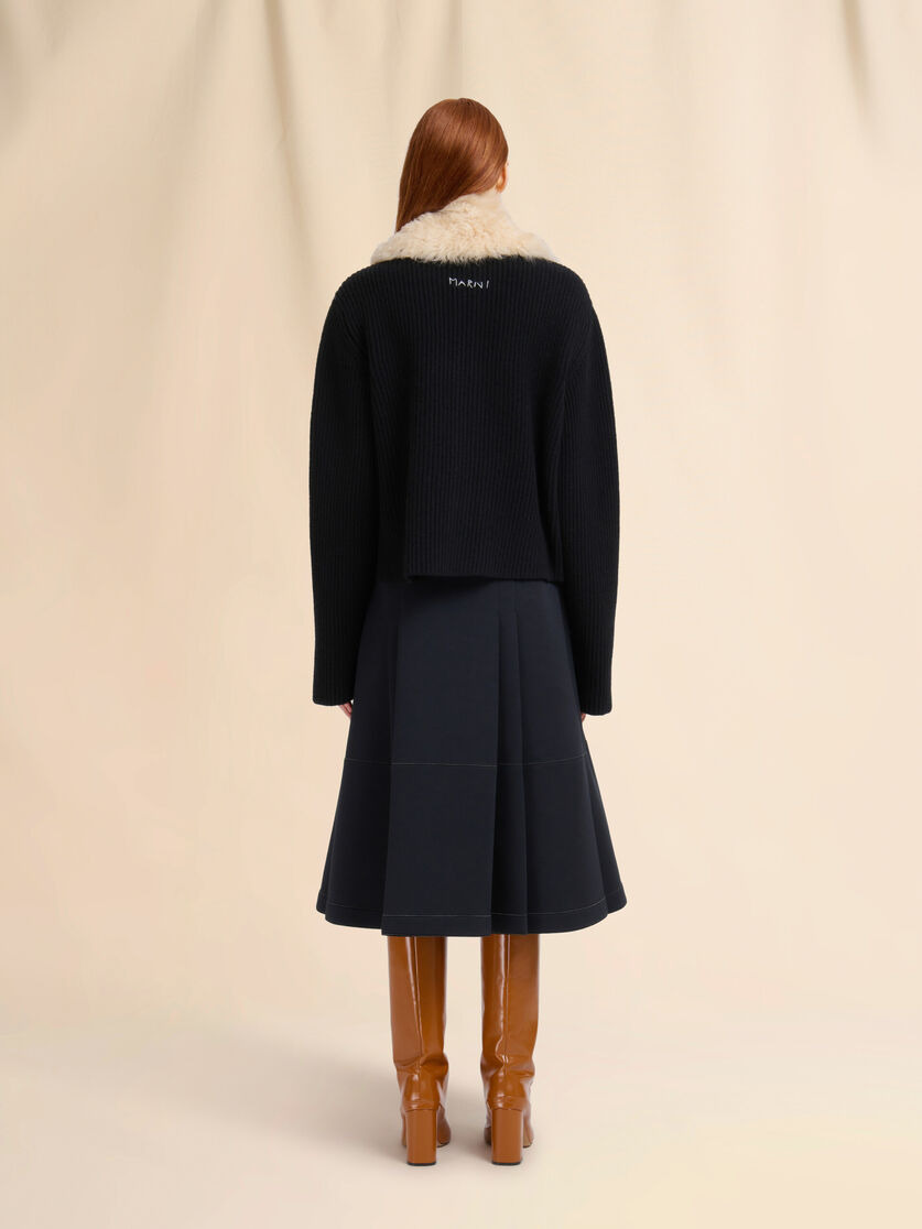 BLACK WOOL CARDIGAN WITH SHEARLING PATCHES - 3