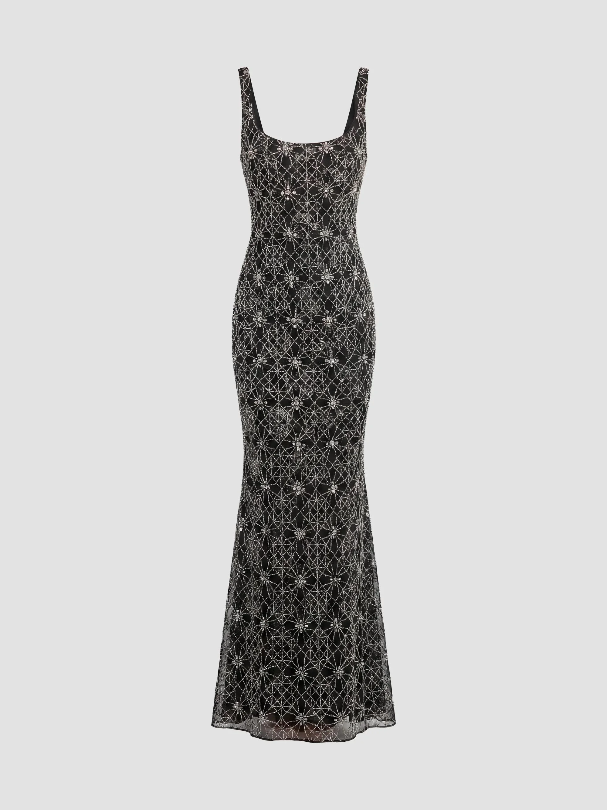 Women's Embellished Mesh Sleeveless Gown - Black Silver - 1